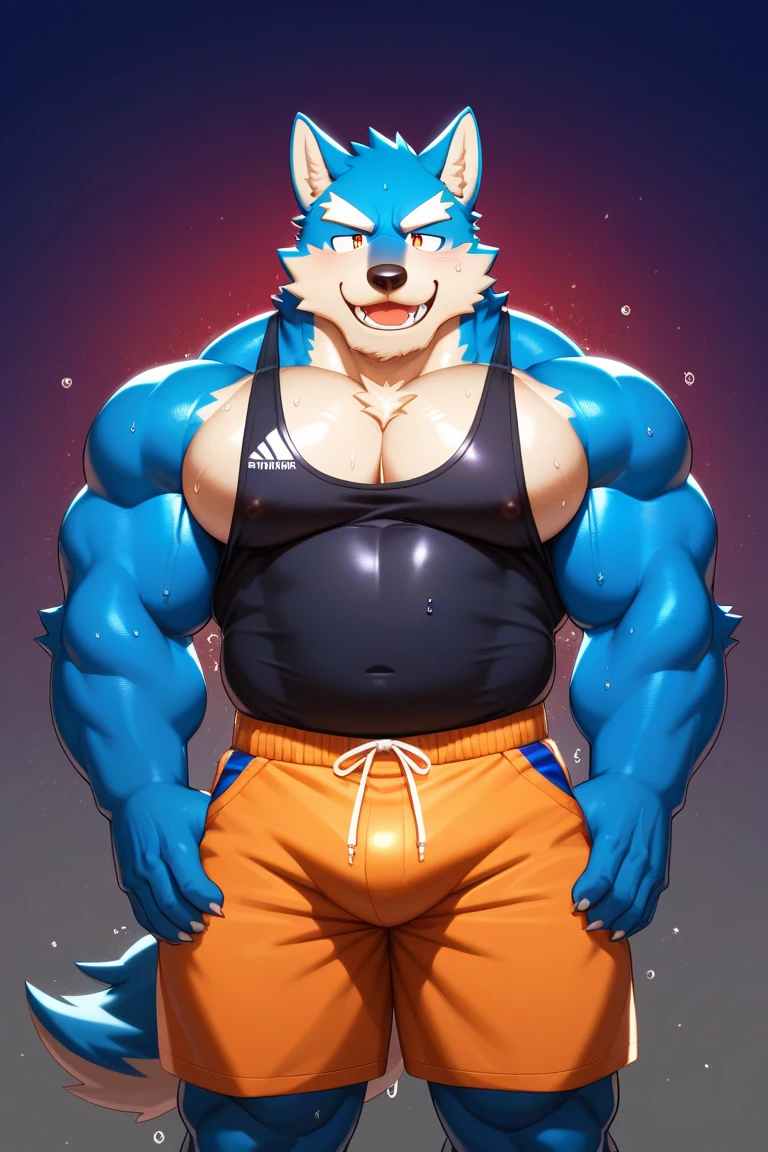 solo, anthro (Polar Bear, arctic bear), full ears, white fur skin, detailed blue eyes,Gymnasium: 1.6, sweat, heavy breathing: 1.5, correct anatomy, biceps, (huge muscular) Herculean god, thick, tattoo, veins all over the body, blue gym shorts (Shirtless and topless: 1.2), gym background and lat pulldown motivation, 8k hd, dark shadows