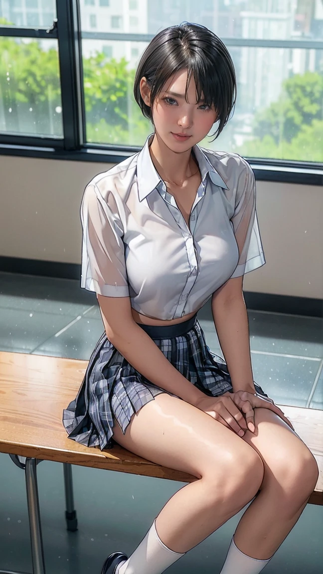 ultra highres,(reality: 1.4),highest quality, masterpiece, high detail, 16K quality, beautiful, 1 beautiful girl,japanese,super beautiful face,,japanese idol face,cute face,super detailed face,detailed hand,beautiful skin,sweaty skin,big eyes,smile,profeccional lighting,short hair,brown hair,brown beautiful eyes, naked on shite shirt,open shirt,bare breasts,checked skirt,skirt lift,standing,spread legs,(((showing pussy))),(detailed pussy),medium breasts,black high socks,she is looking at the camera,pool side,nsfw,from below,