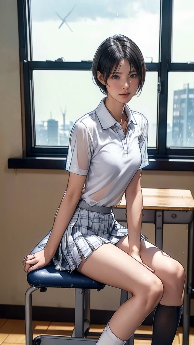 1girl, solo, white polo shirt, white sneakers, tennis wear, white miniskirt, masterpiece, best quality, realistic, hyper-detailed, (shiny skin, sweaty:1.4), absurd, looking at viewer, short black hair, brown eyes, slender, dynamic lighting, high resolution, sharp focus, depth of field, detailed eyes, sharp pupils, realistic pupils, (small breasts:1.6), (thick thighs:1.0), outdoor, sky