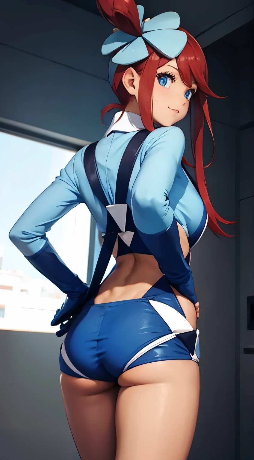 1 girl in the best, chest, blue eyes, teeth, Red Hair, large chest, place your hand on your lower back, look back, Side Lock, , One side up, thighs, long hair, hair between your eyes, shorts, gloves, crop top, short shorts, cropped jacket , hair ornament, goggles, jacket , thighsストラップ, look at the viewers, standing, Alone, midriff, Pokemon , white background , simple background, from behind, cowboy shooting, hole ( Pokemon ), smile, blue shorts, blue gloves, thighsポーチ, Closed Mouth, goggles on head, SHORT HAIR AND LONG ROCK , blue jacket , arms, software , masterpiece, best quality, very aesthetic with apron, is ridiculous