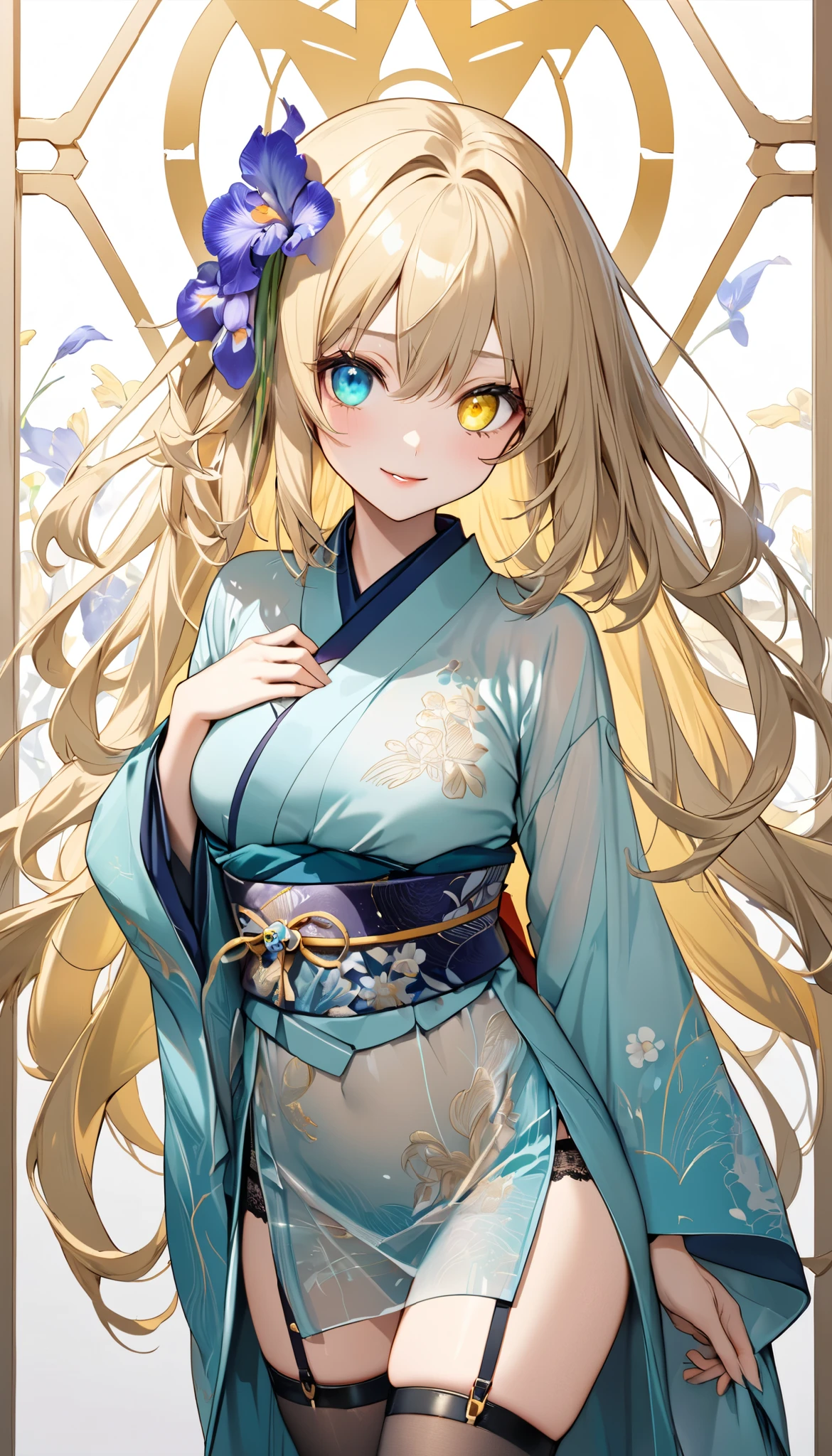  fresh illustration ,
Superfine painting,
 very delicate illustration ,
 Very fine details ,
 1girl ,
( standing)
Height: 158cm,
Alone,
Beige Skin,
Cheeks are ruddy,
((The iris on the left is medium aquamarine and the iris on the right is yellow ))
((Complete iris heterochromia )),
 beautiful eyes,
 large black pupils ,
I have disheveled hair,
 blonde,
 the tips of the hair are whitish ,
 The hair has gradation ,
 shiny hair with makeup,
 young but beautiful and bewitching face ,
The lips are extremely small,
 smiling ,
A small, shining halo is floating above her head.,
 the tips of the eyebrows are slightly lowered ,
 the upper body is worn in kimono ,
mega breastsは柔らかそう,
 Slim waist,
 thin legs ,
The lower half of her body is covered in a long, transparent Chinese dress-like garment with slits on both sides of her waist.,
The color of the obi is red ,,
The obi is tastefully embroidered with silver thread.,
 fine fabric clothing ,
Thong underwear,
 garter belt,
 stockings,
 the thigh strap cuts into the skin ,
Are the tips of long boots Japanese style,
Isometric,
 golden ratio,
god々 atmosphere,
She is wearing a stand-up collared undershirt.,
 tactical use of shadows ,
 the ring of the head and hair fit inside the frame ,
Clothes fit inside the frame ,
(( full shot))
 facing the front,