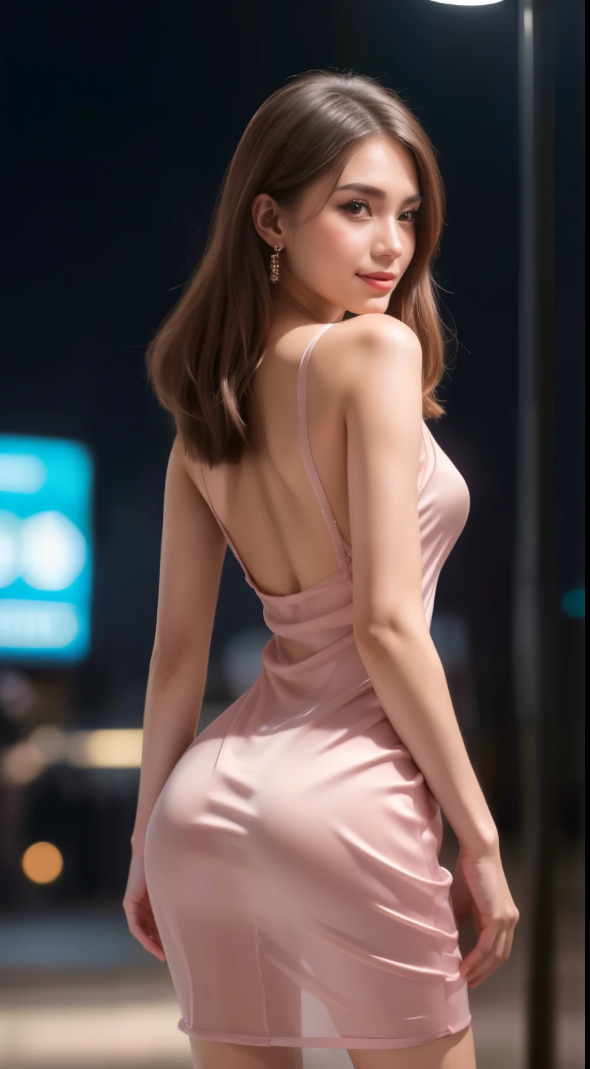 8k, masterpiece, RAW photo, best quality, photorealistic, extremely detailed CG unity 8k wallpaper, Depth of field, Cinematic Light, Lens Flare, Ray tracing, (extremely beautiful face, beautiful lips, beautiful eyes), intricate detail face, ((ultra detailed skin)) 1girl, in the dark, deep shadow, pretty korean girl, K-pop idol, 1 girl, (very slim slender fit-muscled body:1.3), ((looking at viewer)),(big smile:1.3),(midnight, (roof top), (veranda), cityscape, dim light), (blurred background), beautiful earrings, bracelets, necklace, pantyhose, clear eyes, walking , front shot, (pale skin), (big eyes), face forward, (full body shot), (brown hairs), open navel, (looking at viewer:1.3) very slim, medium breasts, beautiful slim butts, ((naked)), ((sleeping gown)), see through gown, (transparent red color gown), turning back, (back shot) , (sleeping gown), ((camel toe)), ((laced)), (high heels), veranda