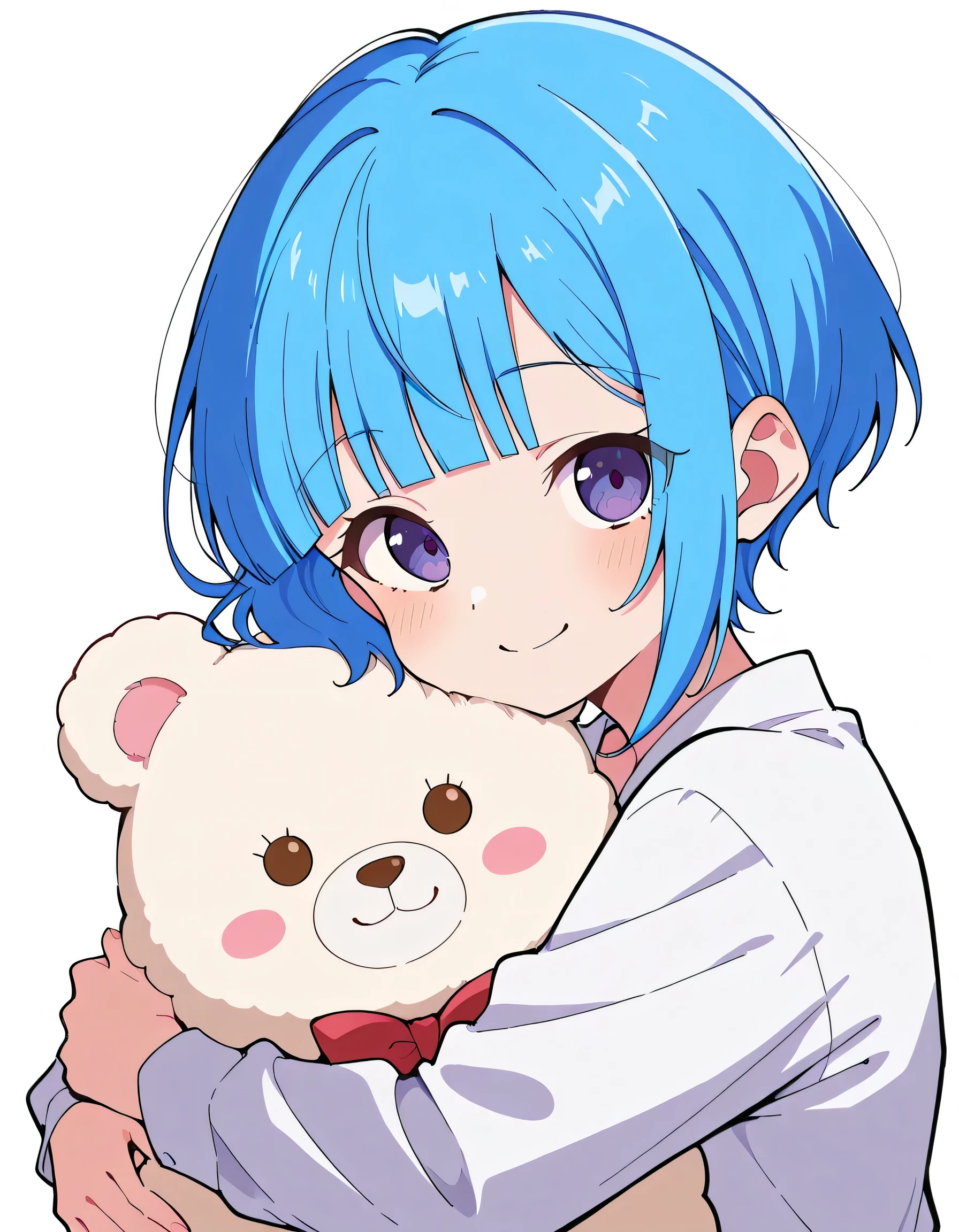 score_9, score_8_ up, score_7_ up, score_6_ up, source_illust ,solo,right blue pixie short hair,blunt bangs,かわいいフリルパジャマ,smile,hug cute bear stuff, white background ,