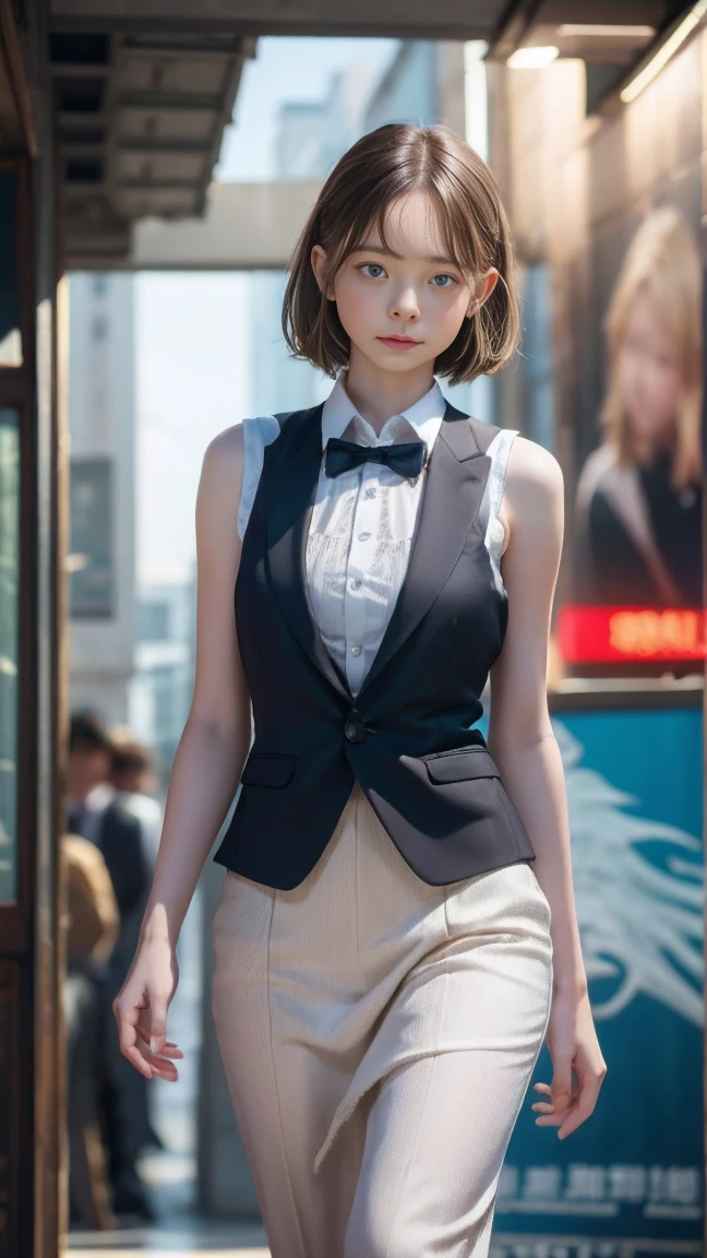 a 19 year old face of the most beautiful actress in the world, the short hair cut of a female is male style, the perfect body proportions of a female, blazer is worn on blouse, blouse is worn on bra, bra is worn on large breasts, panties between bare legs are almost seen thanks to skirt is too short, standing, at city street, nsfw, best quality, highly detailed, masterpiece, ultra high res, photo realistic, 8k