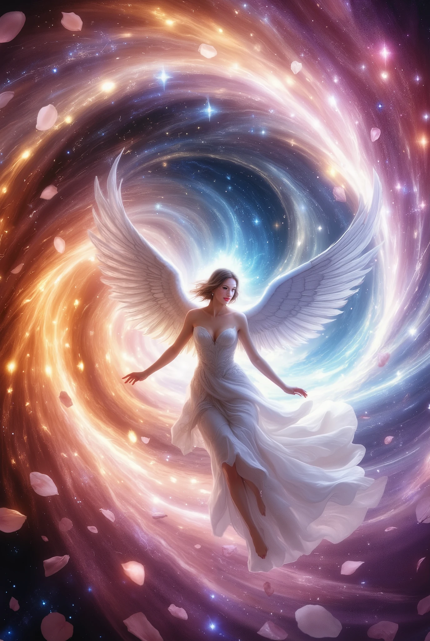 Beautiful sweet girl , angel in hearts and rose petals swirl around beautifully, beautiful snow-white wings , very beautiful and beautiful , sweet Charming beautiful , rich colors , Best quality , fantasy style, bright colors , masterpiece, looks great in the starry sky , Beautiful Colors, perfect and beautiful ,