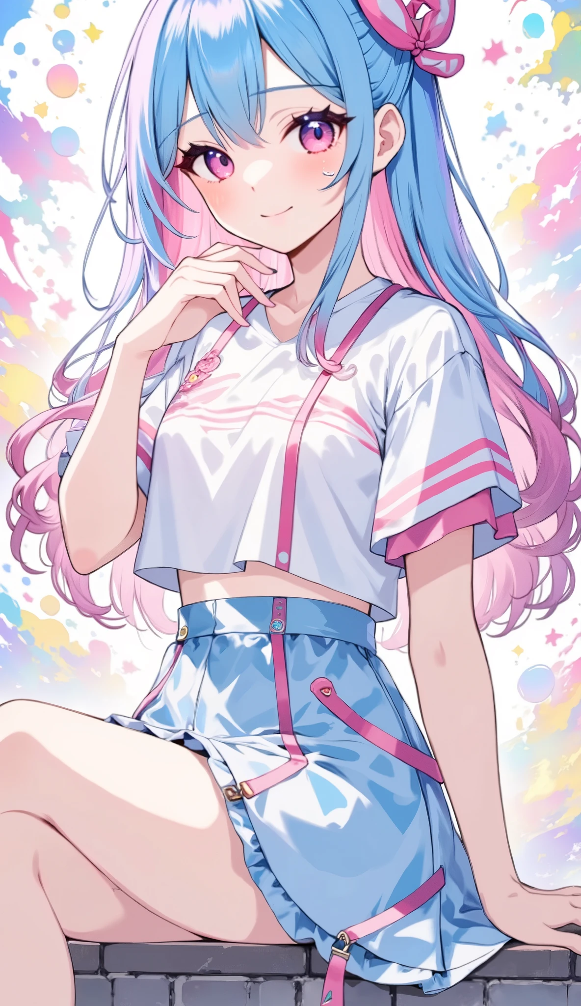 1 girl in the best, about 18 years old、 ruffled skirt 、 pink eyes、 smiles, background is studio、Blue Hair, anime-style , high resolution, Cut-in, Soft Light , portrait photo ,