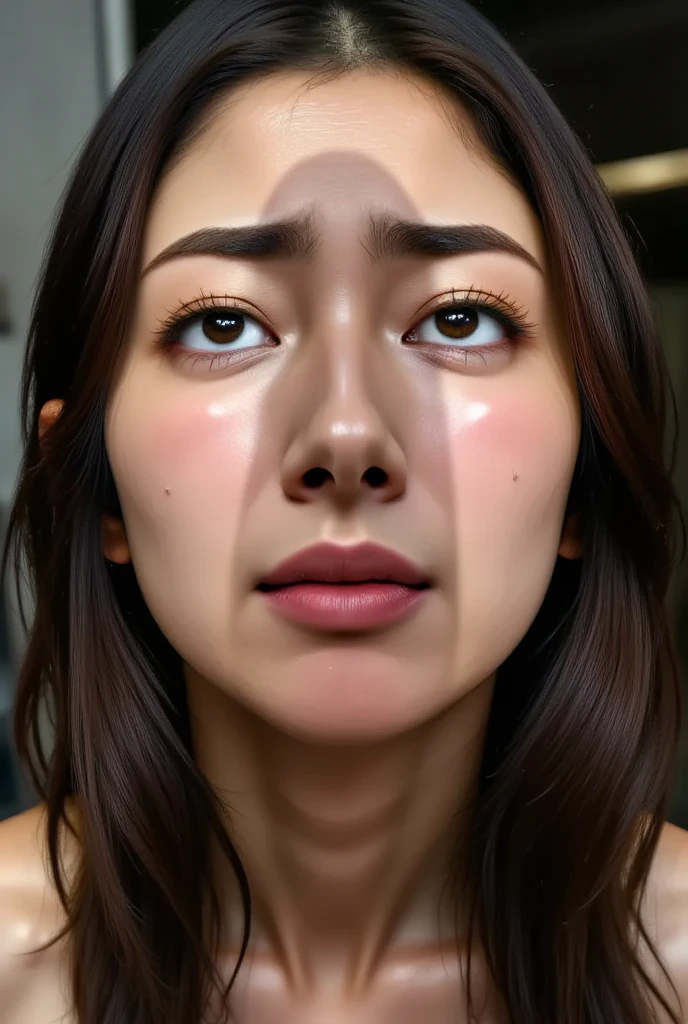 One girl, Tabletop, - Award-winning photo, Very detailed, Keep your eyes clearly focused, Nose and mouth,Face Focus, Woman with open mouth and closed eyes, Black camisole、Age 35,Black-haired、Symmetrical face,Realistic nostrils、Angle from below、elongated C-shaped nose,,,,Browsing Caution,White Background、Sweaty skin、Lighting that accentuates skin that shines with sweat、((Nose hook))Skin shiny with sweat、Shiny skin、(Wet and shiny tongue)The skin around the nose becomes shiny with sweat.、Vulgar face、(The face of drug addiction)Drug Trip,Bend diagonally、Upper body only,Head is up,