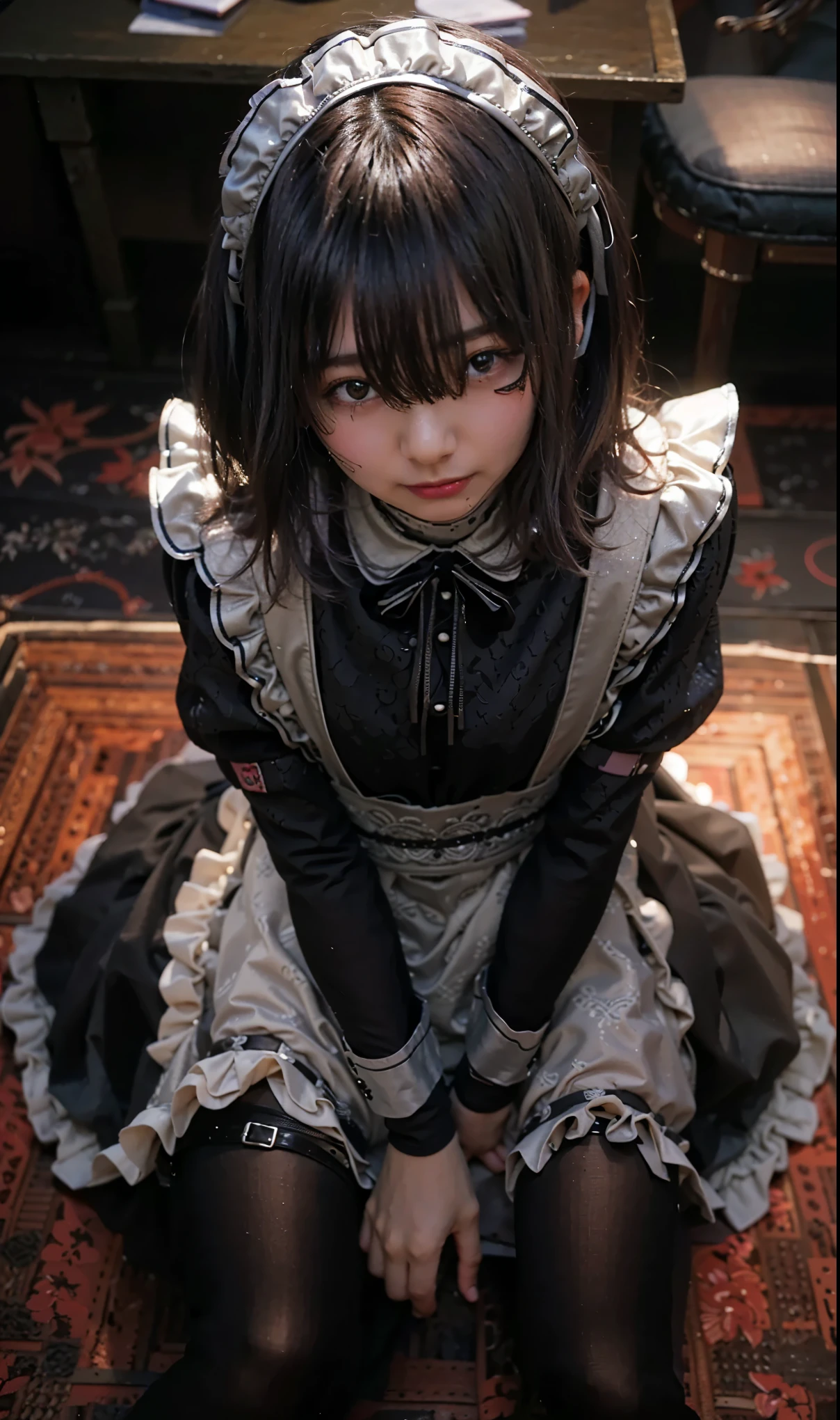 RAW Photos, 8k, (highest quality), Realistic, (live-action, Intricate details), (Natural skin texture, Detailed skin,Cross-legged、 Hyperrealism, Sharpness), (Japanese teenage girl standing in a dirty back alley at night, Put your hands on your head, Graffitied wall:1.3), ((black and white maid costume, Lolita Fashion, Gothic Fashion), (((Flat Chast:1.5))), (Slender body, Pale skin:1.2), ((short hair, Blunt bangs)), (Provocative look, Lips parted:1.3, eye shadow, eyeliner, Tear bags:1.3, Red lips), at night, Spot lighting:1.3