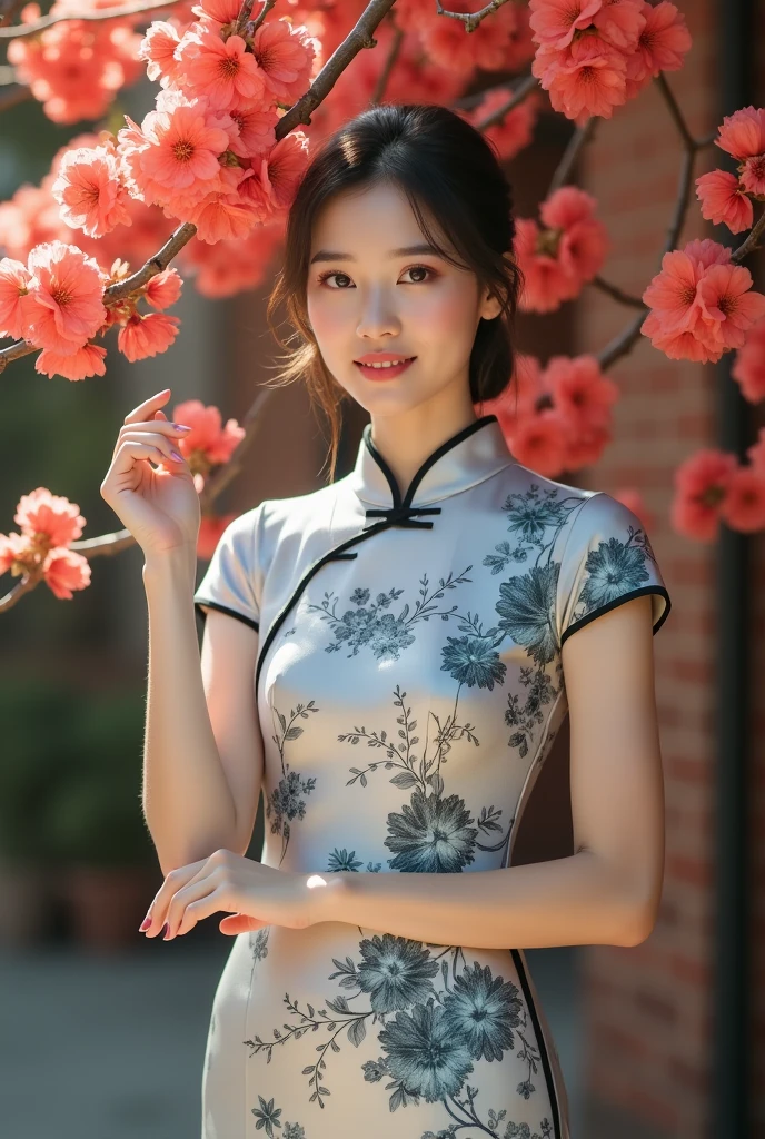 nikon RAW photo,8k,Fujifilm XT3,masterpiece,best quality,realistic,photorealistic,ultra detailed,extremely detailed face,cinematic lighting,cafe,gril,1girl,solo,full body,earrings,medium breasts,dynamic pose,happy,Surrounded by red flowers,(flower:1.2),Rich details,Viewing Girls through Objects,white QIPAO,<lora:qipao_lora:0.3>,smile,