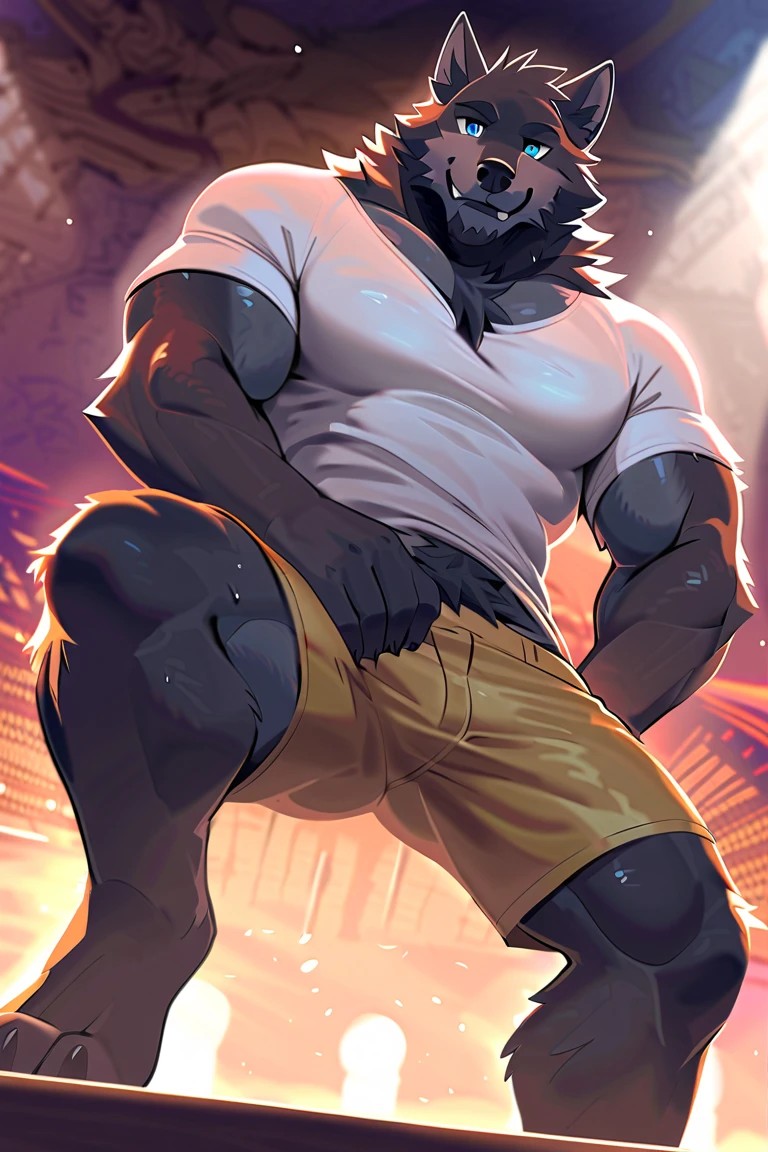 anthro, male, (wolf, canine, canid), dad bod, solo, (black fur:1.5),(left ear ring:1.3),(gray hair over eye, gray beard:1.5),(yellow eyes),mature male, facial hair, male, chubby, hairy chest (mature male, manly), thick eyebrowns, (stumbling, substance intoxication, drunk:1.6), (shirtless, boxers:1.5), (rooftop garden, city skyline, lounge chairs, rooftop access door background), (by adios, by null-ghost), (hi res, best quality, high quality, detailed, shaded, outline, cel shading, shading, masterpiece:1.2)