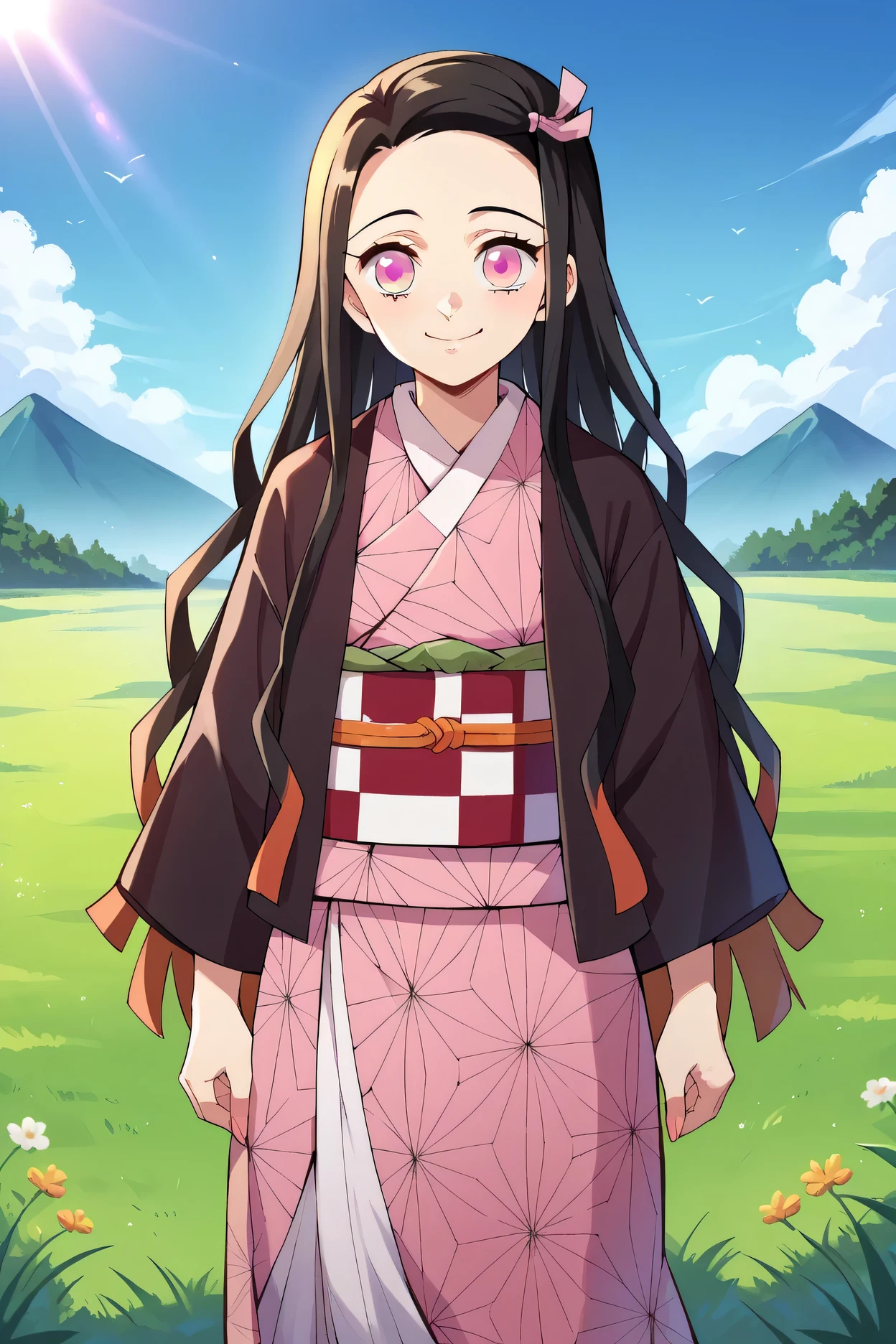 score_9, score_8_up, score_7_up, score_6_up, score_5_up,score_4_up BREAK source_anime,official style, kamado nezuko,1girl,solo,cowboy shot,upper body,magenta pupils,black hair,two-tone hair,very long hair,black haori,pink kimono, checkered obi, pink hair ribbon,long sleeves,standing,looking at viewer,closed mouth,arms at sides,mountain,grass, smile, sunlight, dawn, grass,hill
