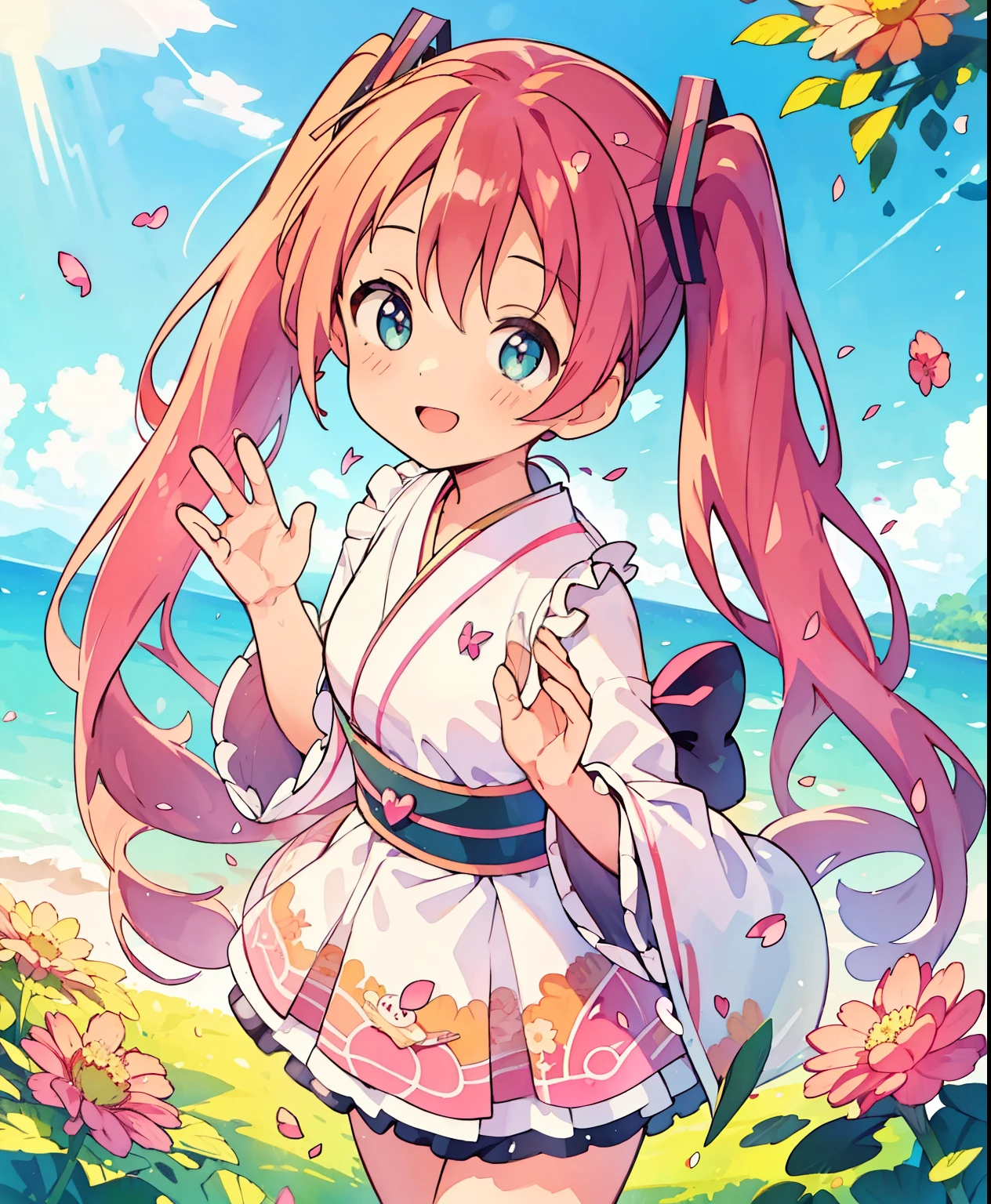 (Masterpiece、 best quality、 best quality、 Official Art、 beautiful and beautiful :1.2)、( one girl:1.3) Hatsune Miku、 Twin Tails, beautiful breasts,photoRealstic、 Nedroid in a wedding dress in a kimono standing in front of a painting、 Open Your Mouth and Smile Big、Watercolor Nendoroid、( High Resolution Figure )、 Flowing Sparkling Silk、 Face Up 、Look up、 eyes are hearts 、Floral Dress、She waves her hand、There are flowers in front of Nendoroid 、 petals、season!!: summer☀ 🍂