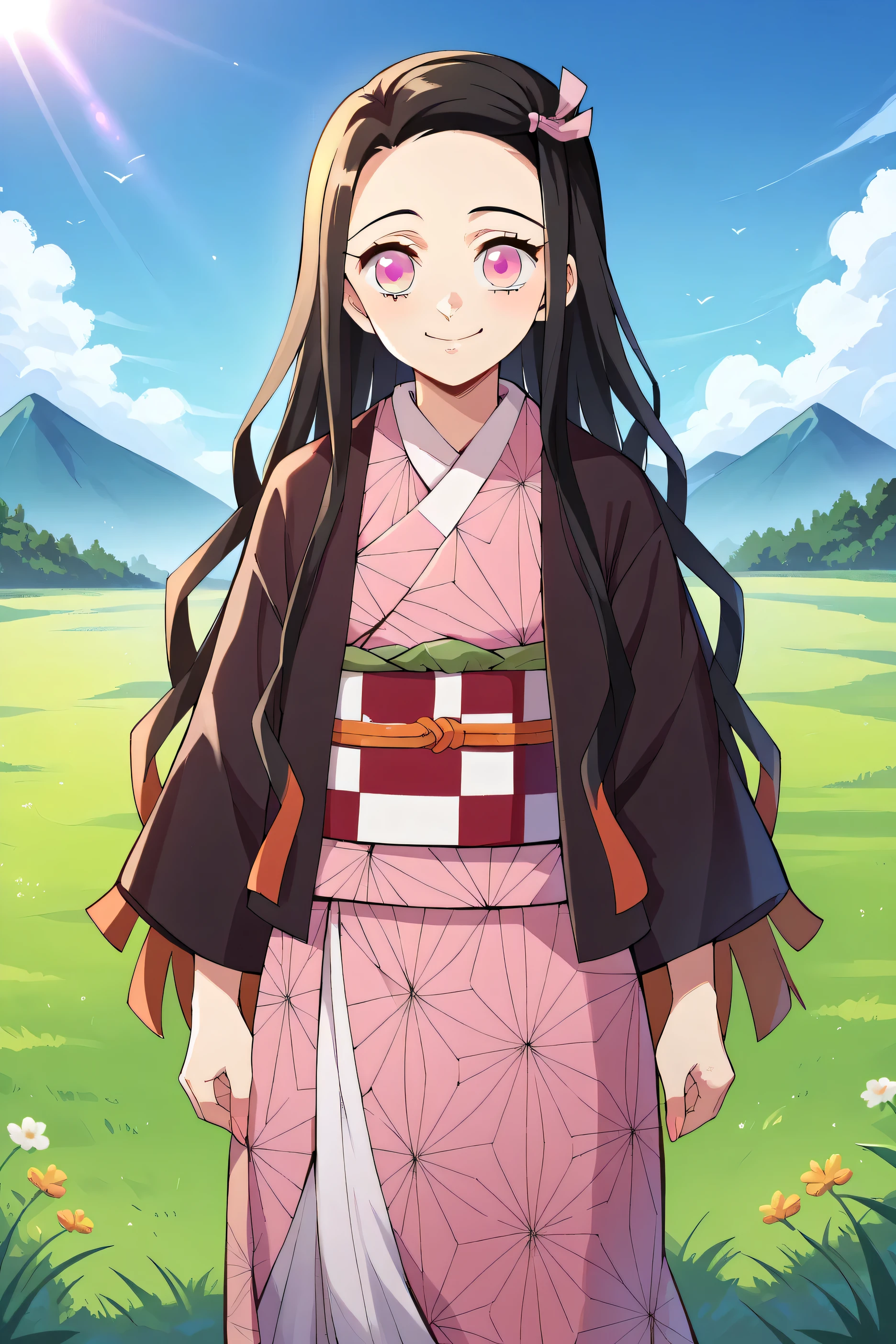 score_9, score_8_up, score_7_up, score_6_up, score_5_up,score_4_up BREAK source_anime,official style, kamado nezuko,1girl,solo,cowboy shot,upper body,magenta pupils,black hair,two-tone hair,very long hair,black haori,pink kimono, checkered obi, pink hair ribbon,long sleeves,standing,looking at viewer,closed mouth,arms at sides,mountain,grass, smile, sunlight, dawn, grass,hill