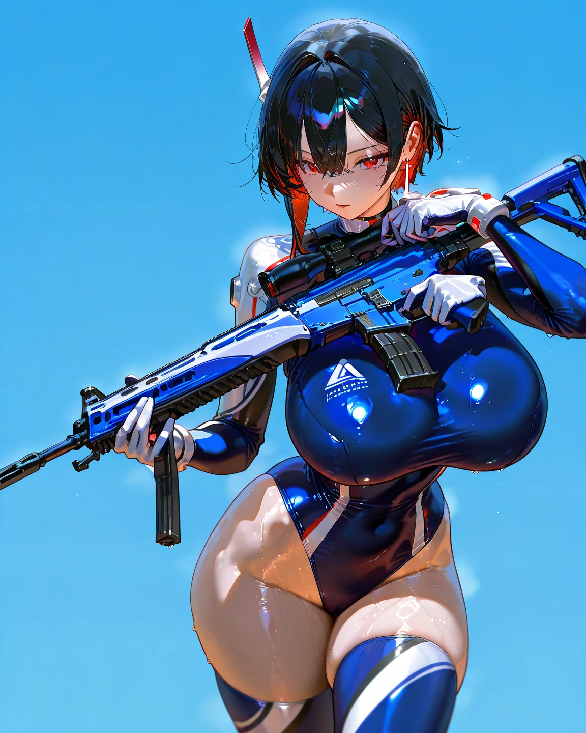 Imperial Guard Combat Uniform Swimsuit, o-ring bikini, V Gundam, Absurd, High resolution, alone, 、See-through slutty underwear, One girl, Nomad Nibble \(Cosplay\), Wristband, headphone, Possession of a gun, aim, Perfect hands, Wind, (High resolution,Highest_quality,masterpiece), Large Breasts, Huge breasts, Blue Hair, Butt, Sturdy body