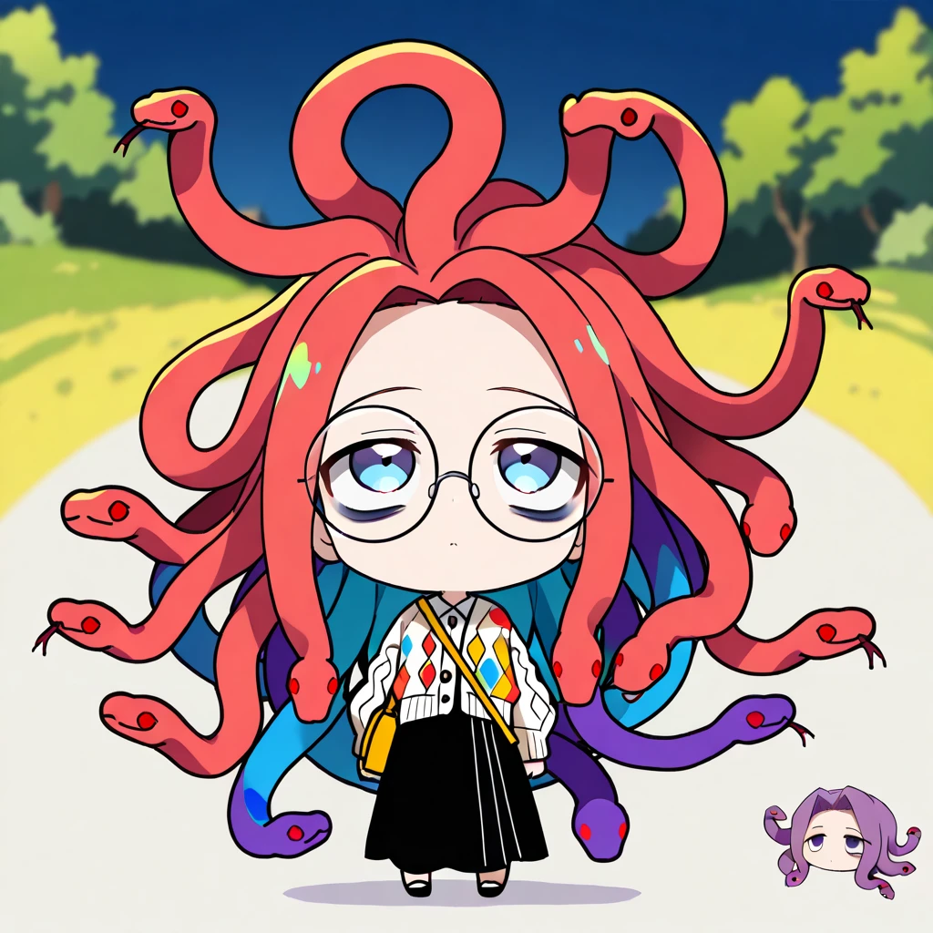 (The most amazing scene ever created:1.0), (Masterpiece:1.0), (Best Quality:1.0), (amazing quality:1.0), (sharpest focus:1.0), (anime style:1.0), (chibi style:1.0), (beautiful face and eye:1.2), 
(Depth of field:1.0), (super fine:1.0), (16k:1.0), (incredibly absurdres:1.0), (extremely detailed:1.0), (delicate and dynamic:1.0), (very aesthetic:1.0), (absurdres:1.0), (beautiful face and eye:1.2), (perfect :1.2), 
(very simple drawing:1.2), (chibi beautiful young medusa:1.3), (colorful snake with a lot of hair:1.5), (very large dark circles under eyes:1.3), (looking up in a languid daze:1.4), (Tattered cardigan and long skirt:1.2), 
(Tattered big shoulder bag:1.0), (round glasses:1.1), (Comical:1.2), (Deformed:1.3), (Comedy:1.4), (Standing in a daze:1.2), (Cute chbi beautiful young girl like a toy:1.4), (snake hair:1.2), (Large amount of snake hair:1.2), 
Vibrant colors, Mystical beauty, Fantastic beauty, unimaginable beauty, beauty beyond imagination, Overwhelmingly written images, 