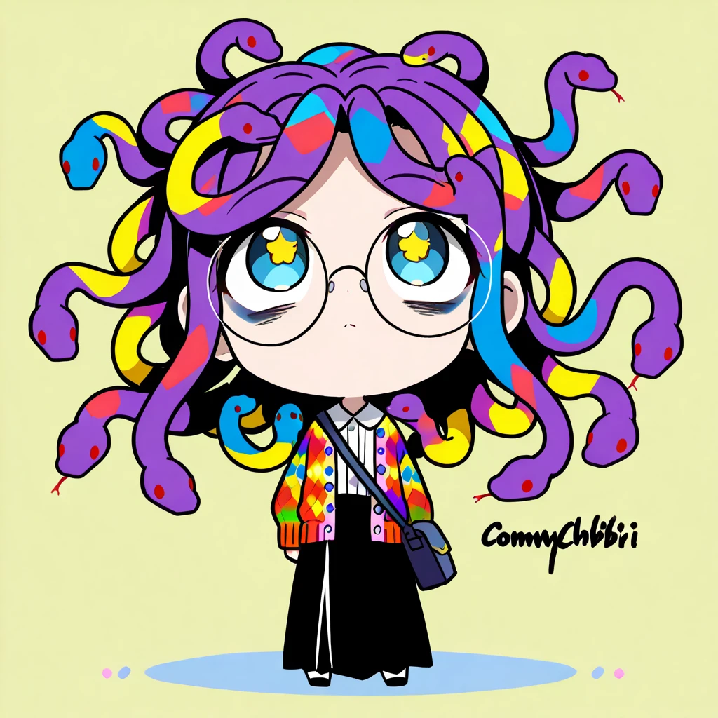 (The most amazing scene ever created:1.0), (Masterpiece:1.0), (Best Quality:1.0), (amazing quality:1.0), (sharpest focus:1.0), (anime style:1.0), (chibi style:1.0), (beautiful face and eye:1.2), 
(Depth of field:1.0), (super fine:1.0), (16k:1.0), (incredibly absurdres:1.0), (extremely detailed:1.0), (delicate and dynamic:1.0), (very aesthetic:1.0), (absurdres:1.0), (beautiful face and eye:1.2), (perfect :1.2), 
(very simple drawing:1.2), (chibi beautiful young medusa:1.3), (colorful snake with a lot of hair:1.5), (very large dark circles under eyes:1.3), (looking up in a languid daze:1.4), (Tattered cardigan and long skirt:1.2), 
(Tattered big shoulder bag:1.0), (round glasses:1.1), (Comical:1.2), (Deformed:1.3), (Comedy:1.4), (Standing in a daze:1.2), (Cute chbi beautiful young girl like a toy:1.4), (snake hair:1.2), (Large amount of snake hair:1.2), 
Vibrant colors, Mystical beauty, Fantastic beauty, unimaginable beauty, beauty beyond imagination, Overwhelmingly written images, 