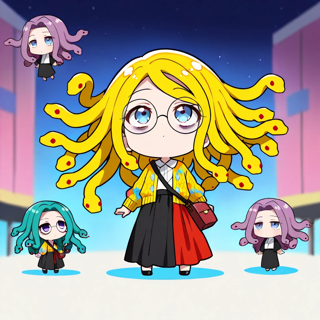 (The most amazing scene ever created:1.0), (Masterpiece:1.0), (Best Quality:1.0), (amazing quality:1.0), (sharpest focus:1.0), (anime style:1.0), (chibi style:1.0), (beautiful face and eye:1.2), 
(Depth of field:1.0), (super fine:1.0), (16k:1.0), (incredibly absurdres:1.0), (extremely detailed:1.0), (delicate and dynamic:1.0), (very aesthetic:1.0), (absurdres:1.0), (beautiful face and eye:1.2), (perfect :1.2), 
(very simple drawing:1.2), (chibi beautiful young medusa:1.3), (colorful snake with a lot of hair:1.5), (very large dark circles under eyes:1.3), (looking up in a languid daze:1.4), (Tattered cardigan and long skirt:1.2), 
(Tattered big shoulder bag:1.0), (round glasses:1.1), (Comical:1.2), (Deformed:1.3), (Comedy:1.4), (Standing in a daze:1.2), (Cute chbi beautiful young girl like a toy:1.4), (snake hair:1.2), (Large amount of snake hair:1.2), 
Vibrant colors, Mystical beauty, Fantastic beauty, unimaginable beauty, beauty beyond imagination, Overwhelmingly written images, 