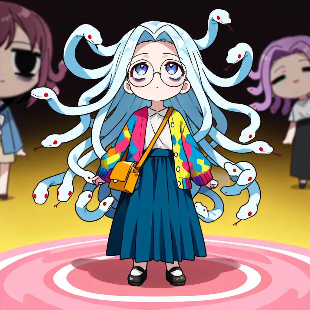 (The most amazing scene ever created:1.0), (Masterpiece:1.0), (Best Quality:1.0), (amazing quality:1.0), (sharpest focus:1.0), (anime style:1.0), (chibi style:1.0), (beautiful face and eye:1.2), 
(Depth of field:1.0), (super fine:1.0), (16k:1.0), (incredibly absurdres:1.0), (extremely detailed:1.0), (delicate and dynamic:1.0), (very aesthetic:1.0), (absurdres:1.0), (beautiful face and eye:1.2), (perfect :1.2), 
(very simple drawing:1.2), (chibi beautiful young medusa:1.3), (colorful snake with a lot of hair:1.5), (very large dark circles under eyes:1.3), (looking up in a languid daze:1.4), (Tattered cardigan and long skirt:1.2), 
(Tattered big shoulder bag:1.0), (round glasses:1.1), (Comical:1.2), (Deformed:1.3), (Comedy:1.4), (Standing in a daze:1.2), (Cute chbi beautiful young girl like a toy:1.4), (snake hair:1.2), (Large amount of snake hair:1.2), 
Vibrant colors, Mystical beauty, Fantastic beauty, unimaginable beauty, beauty beyond imagination, Overwhelmingly written images, 