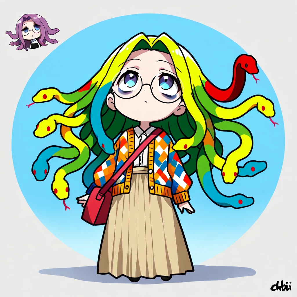 (The most amazing scene ever created:1.0), (Masterpiece:1.0), (Best Quality:1.0), (amazing quality:1.0), (sharpest focus:1.0), (anime style:1.0), (chibi style:1.0), (beautiful face and eye:1.2), 
(Depth of field:1.0), (super fine:1.0), (16k:1.0), (incredibly absurdres:1.0), (extremely detailed:1.0), (delicate and dynamic:1.0), (very aesthetic:1.0), (absurdres:1.0), (beautiful face and eye:1.2), (perfect :1.2), 
(very simple drawing:1.2), (chibi beautiful young medusa:1.3), (colorful snake with a lot of hair:1.5), (very large dark circles under eyes:1.3), (looking up in a languid daze:1.4), (Tattered cardigan and long skirt:1.2), 
(Tattered big shoulder bag:1.0), (round glasses:1.1), (Comical:1.2), (Deformed:1.3), (Comedy:1.4), (Standing in a daze:1.2), (Cute chbi beautiful young girl like a toy:1.4), (snake hair:1.2), (Large amount of snake hair:1.2), 
Vibrant colors, Mystical beauty, Fantastic beauty, unimaginable beauty, beauty beyond imagination, Overwhelmingly written images, 