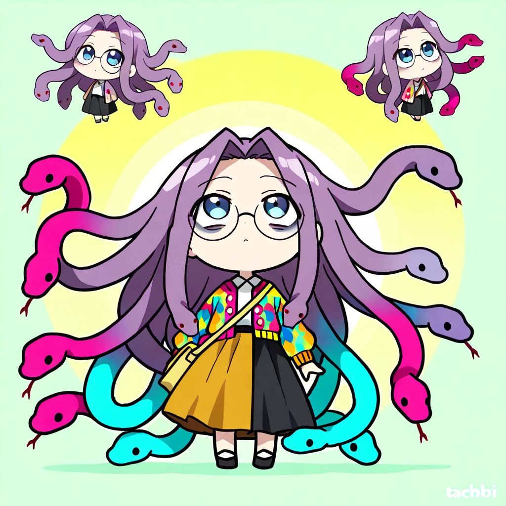 (The most amazing scene ever created:1.0), (Masterpiece:1.0), (Best Quality:1.0), (amazing quality:1.0), (sharpest focus:1.0), (anime style:1.0), (chibi style:1.0), (beautiful face and eye:1.2), 
(Depth of field:1.0), (super fine:1.0), (16k:1.0), (incredibly absurdres:1.0), (extremely detailed:1.0), (delicate and dynamic:1.0), (very aesthetic:1.0), (absurdres:1.0), (beautiful face and eye:1.2), (perfect :1.2), 
(very simple drawing:1.2), (chibi beautiful young medusa:1.3), (colorful snake with a lot of hair:1.5), (very large dark circles under eyes:1.3), (looking up in a languid daze:1.4), (Tattered cardigan and long skirt:1.2), 
(Tattered big shoulder bag:1.0), (round glasses:1.1), (Comical:1.2), (Deformed:1.3), (Comedy:1.4), (Standing in a daze:1.2), (Cute chbi beautiful young girl like a toy:1.4), (snake hair:1.2), (Large amount of snake hair:1.2), 
Vibrant colors, Mystical beauty, Fantastic beauty, unimaginable beauty, beauty beyond imagination, Overwhelmingly written images, 