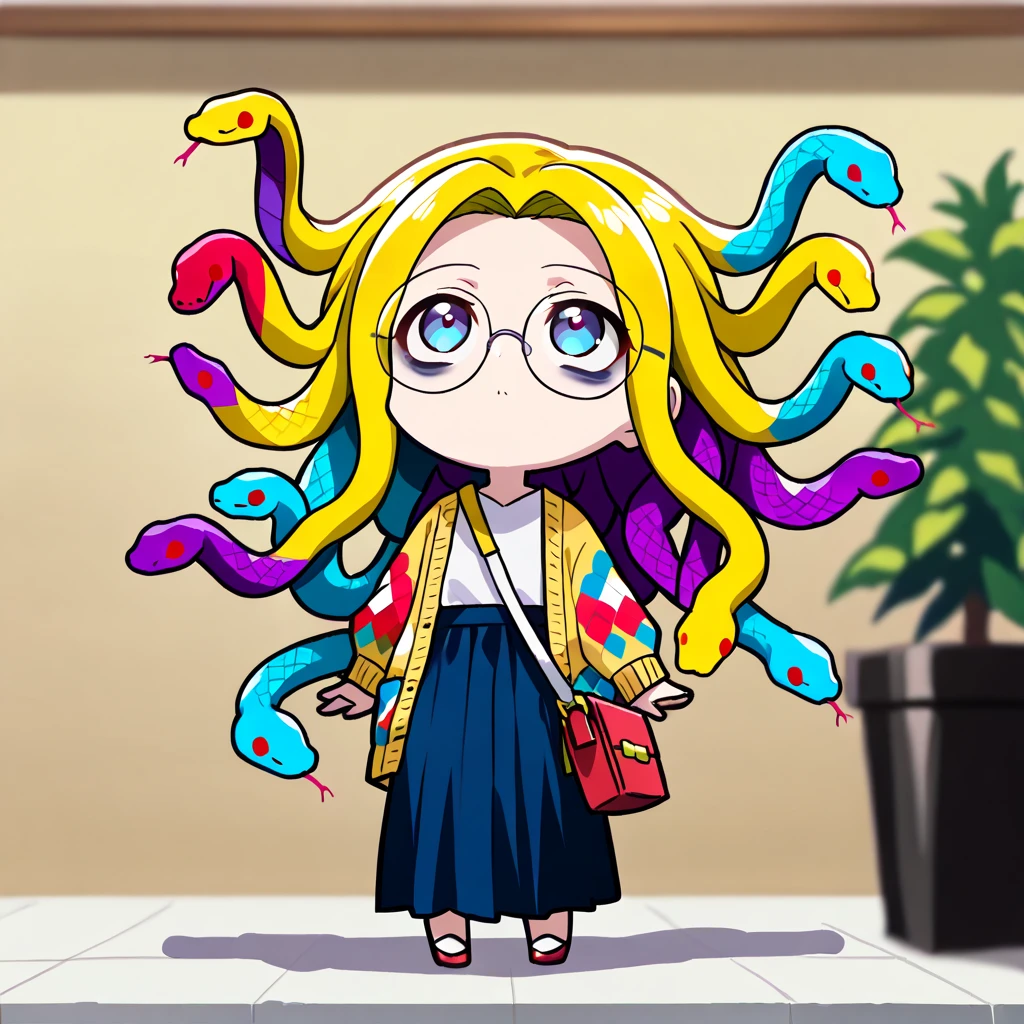 (The most amazing scene ever created:1.0), (Masterpiece:1.0), (Best Quality:1.0), (amazing quality:1.0), (sharpest focus:1.0), (anime style:1.0), (chibi style:1.0), (beautiful face and eye:1.2), 
(Depth of field:1.0), (super fine:1.0), (16k:1.0), (incredibly absurdres:1.0), (extremely detailed:1.0), (delicate and dynamic:1.0), (very aesthetic:1.0), (absurdres:1.0), (beautiful face and eye:1.2), (perfect :1.2), 
(very simple drawing:1.2), (chibi beautiful young medusa:1.3), (colorful snake with a lot of hair:1.5), (very large dark circles under eyes:1.3), (looking up in a languid daze:1.4), (Tattered cardigan and long skirt:1.2), 
(Tattered big shoulder bag:1.0), (round glasses:1.1), (Comical:1.2), (Deformed:1.3), (Comedy:1.4), (Standing in a daze:1.2), (Cute chbi beautiful young girl like a toy:1.4), (snake hair:1.2), (Large amount of snake hair:1.2), 
Vibrant colors, Mystical beauty, Fantastic beauty, unimaginable beauty, beauty beyond imagination, Overwhelmingly written images, 