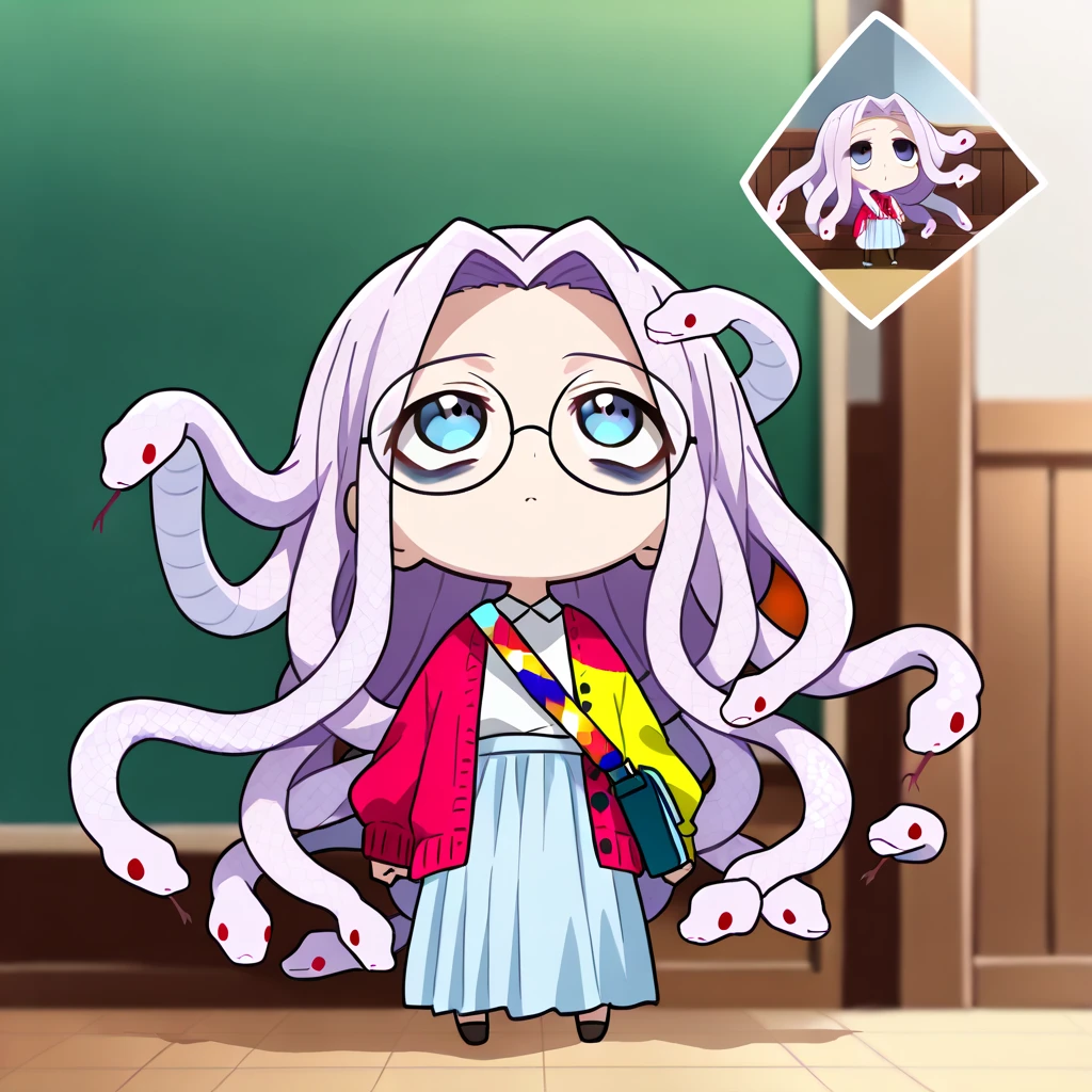 (The most amazing scene ever created:1.0), (Masterpiece:1.0), (Best Quality:1.0), (amazing quality:1.0), (sharpest focus:1.0), (anime style:1.0), (chibi style:1.0), (beautiful face and eye:1.2), 
(Depth of field:1.0), (super fine:1.0), (16k:1.0), (incredibly absurdres:1.0), (extremely detailed:1.0), (delicate and dynamic:1.0), (very aesthetic:1.0), (absurdres:1.0), (beautiful face and eye:1.2), (perfect :1.2), 
(very simple drawing:1.2), (chibi beautiful young medusa:1.3), (colorful snake with a lot of hair:1.5), (very large dark circles under eyes:1.3), (looking up in a languid daze:1.4), (Tattered cardigan and long skirt:1.2), 
(Tattered big shoulder bag:1.0), (round glasses:1.1), (Comical:1.2), (Deformed:1.3), (Comedy:1.4), (Standing in a daze:1.2), (Cute chbi beautiful young girl like a toy:1.4), (snake hair:1.2), (Large amount of snake hair:1.2), 
Vibrant colors, Mystical beauty, Fantastic beauty, unimaginable beauty, beauty beyond imagination, Overwhelmingly written images, 