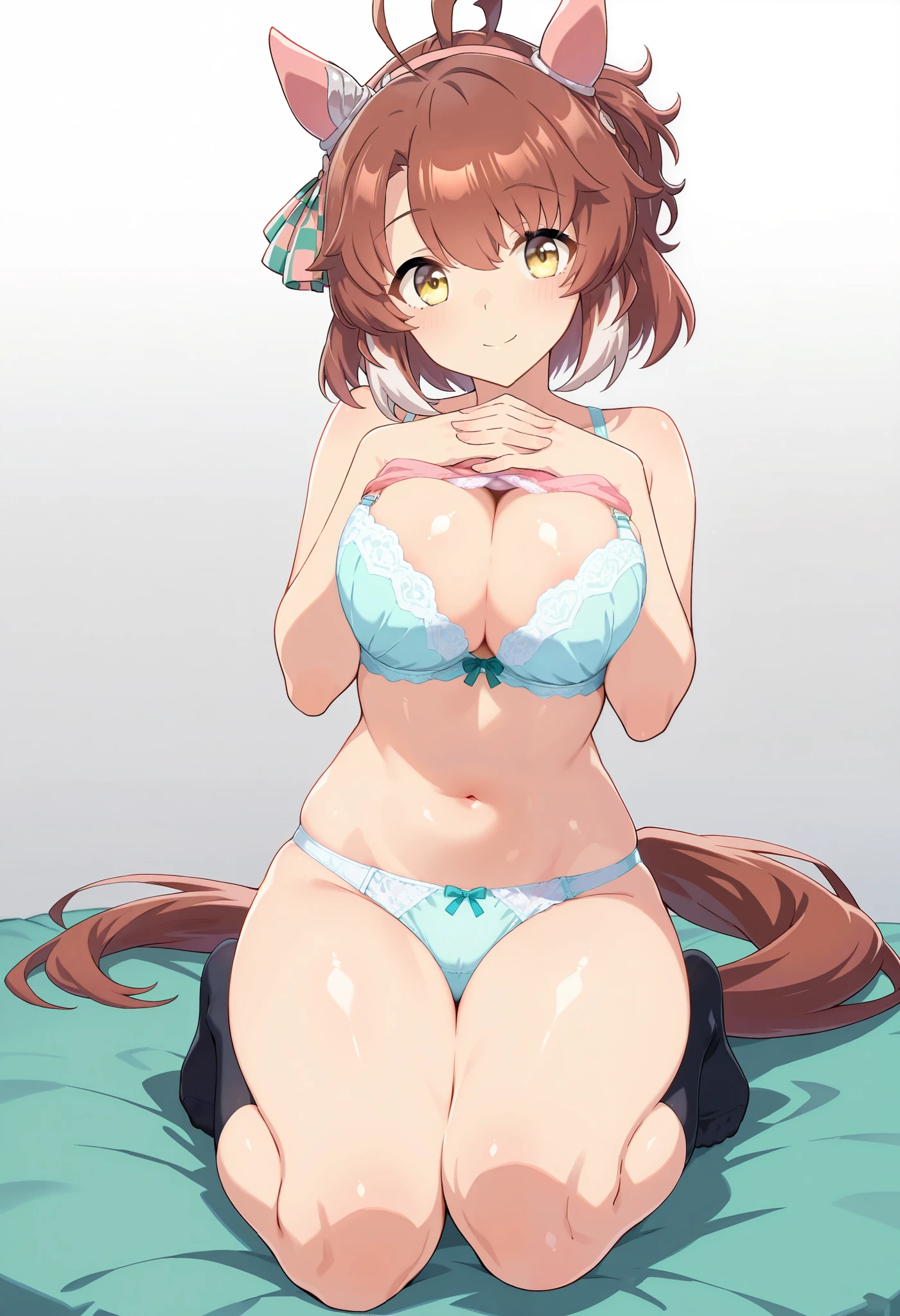 score_9, score_8_ up, score_7_ up, 1 girl is the best , alone,nsfw, masterpiece, top quality, high definition , very detailed, Shiny Skin, panties, bra to hold hands,dantsu_Flame\( umamusume\), full body, Shiny Skin