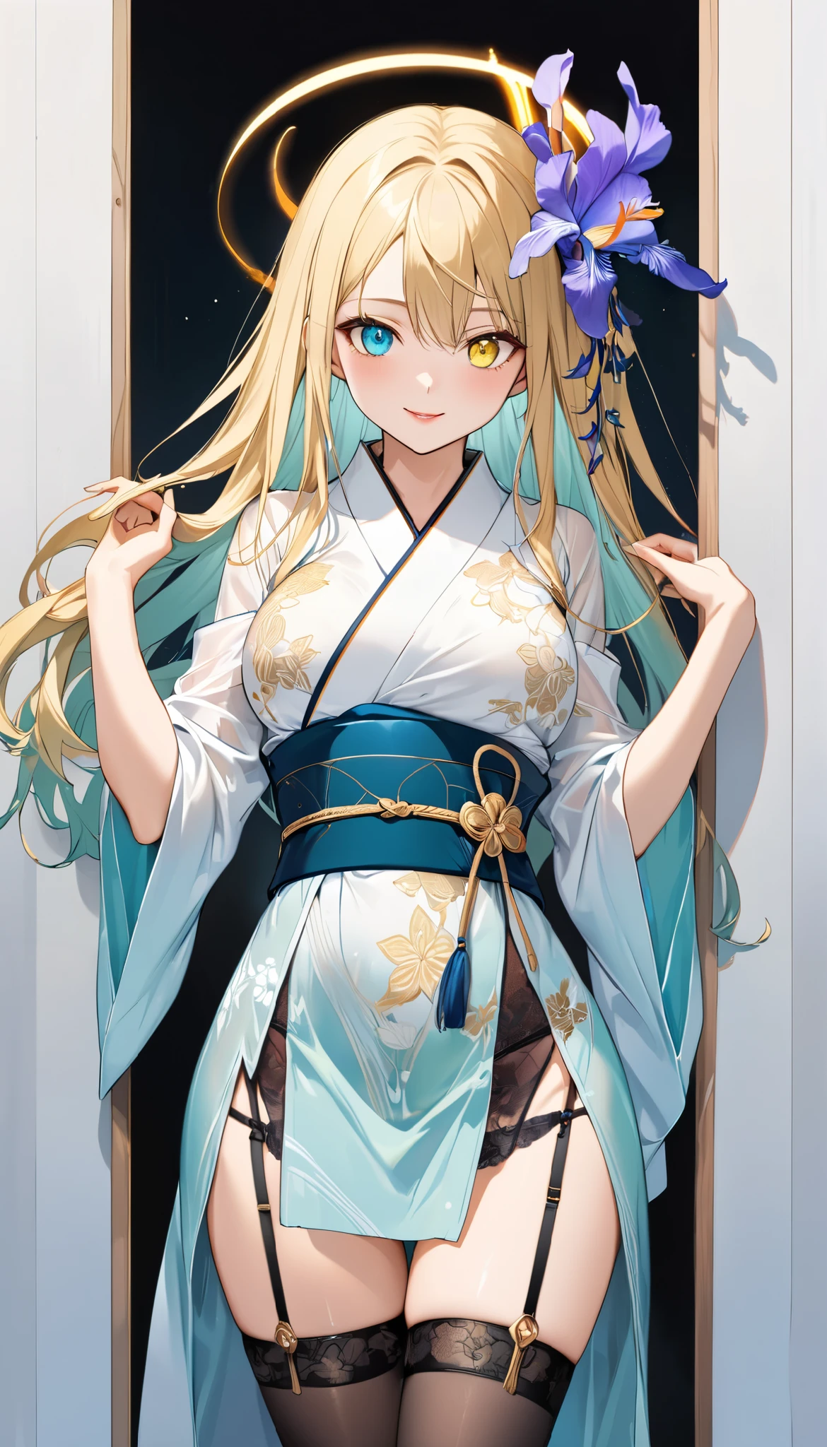 fresh illustration ,
Superfine painting,
very delicate illustration ,
Very fine details ,
1girl ,
( standing)
Height: 158cm,
Alone,
Beige Skin,
Cheeks are ruddy,
((The iris on the left is medium aquamarine and the iris on the right is yellow ))
((Complete iris heterochromia )),
beautiful eyes,
large black pupils ,
I have disheveled hair,
blonde,
the tips of the hair are whitish ,
The hair has gradation ,
shiny hair with makeup,
young but beautiful and bewitching face ,
The lips are extremely small,
smiling ,
A small, shining halo is floating above her head.,
the tips of the eyebrows are slightly lowered ,
the upper body is worn in kimono ,
mega breastsは柔らかそう,
Slim waist,
thin legs ,
The lower half of her body is covered in a long, transparent Chinese dress-like garment with slits on both sides of her waist.,
The color of the obi is red ,,
The obi is tastefully embroidered with silver thread.,
fine fabric clothing ,
Thong underwear,
garter belt,
stockings,
the thigh strap cuts into the skin ,
Are the tips of long boots Japanese style,
Isometric,
golden ratio,
god々 atmosphere,
She is wearing a stand-up collared undershirt.,
tactical use of shadows ,
the ring of the head and hair fit inside the frame ,
Clothes fit inside the frame ,
(( full shot))
facing the front,