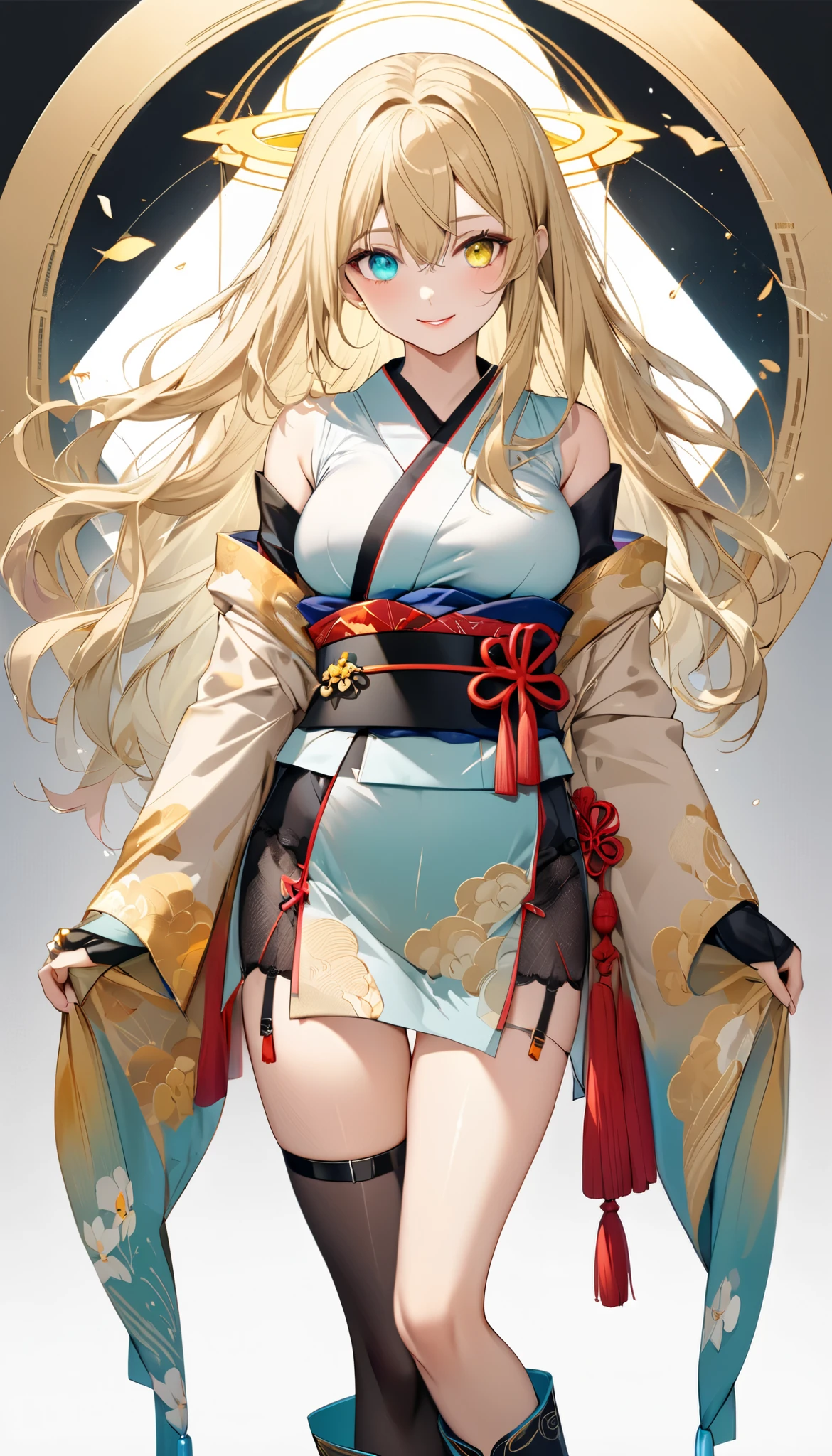fresh illustration ,
Superfine painting,
very delicate illustration ,
Very fine details ,
1girl ,
( standing)
Height: 158cm,
Alone,
Beige Skin,
Cheeks are ruddy,
((The iris on the left is medium aquamarine and the iris on the right is yellow ))
((Complete iris heterochromia )),
beautiful eyes,
large black pupils ,
I have disheveled hair,
blonde,
the tips of the hair are whitish ,
The hair has gradation ,
shiny hair with makeup,
young but beautiful and bewitching face ,
The lips are extremely small,
is smiling,
A small, shining halo is floating above her head.,
the tips of the eyebrows are slightly lowered ,
the upper body is worn in kimono ,
mega breastsは柔らかそう,
Slim waist,
thin legs ,
The lower half of her body is covered in a long, transparent Chinese dress-like garment with slits on both sides of her waist.,
The color of the obi is red ,,
The obi is tastefully embroidered with silver thread.,
fine fabric clothing ,
Thong underwear,
garter belt,
stockings,
the thigh strap cuts into the skin ,
Are the tips of long boots Japanese style,
Isometric,
golden ratio,
god々 atmosphere,
She is wearing a stand-up collared undershirt.,
tactical use of shadows ,
the ring of the head and hair fit inside the frame ,
Clothes fit inside the frame ,
(( full shot))
facing the front,