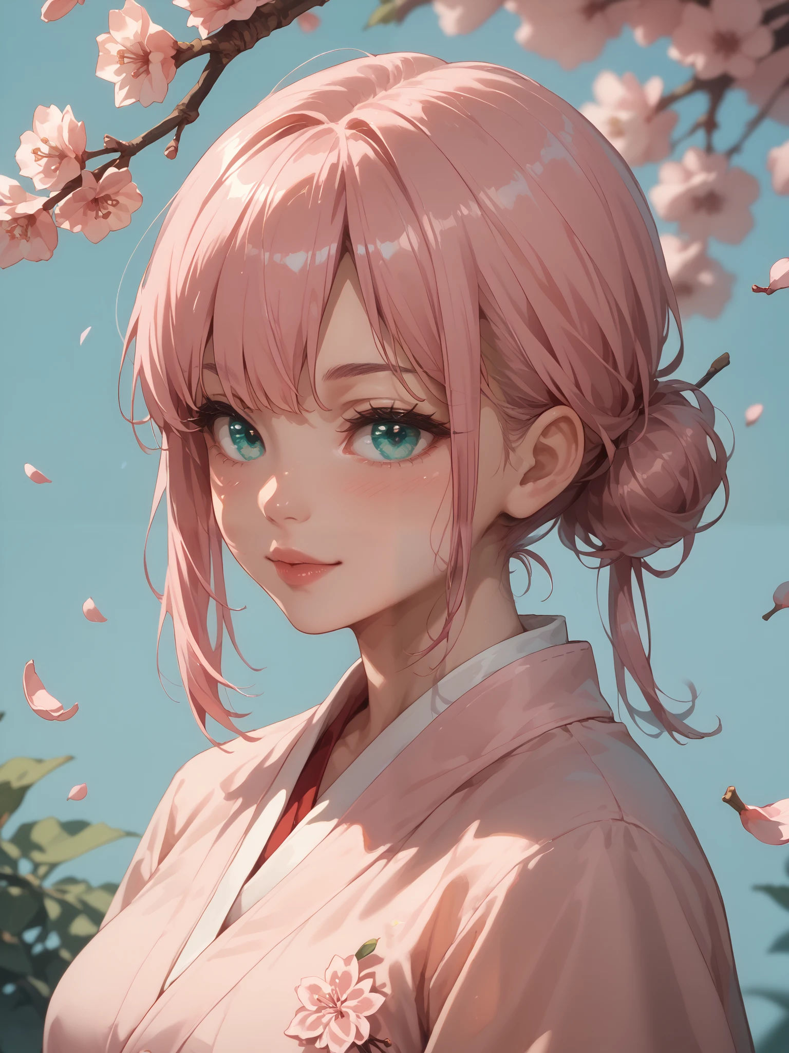 Anime girl with pink hair and blue eyes in front of a tree - SeaArt AI