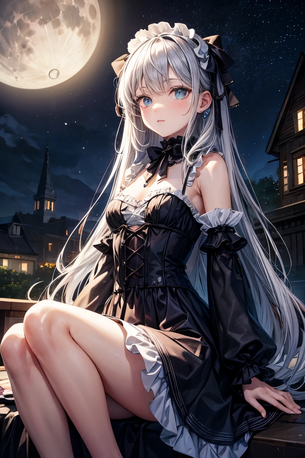 1girl in, hight resolution, ultrasharp, 8K, masutepiece, Silvery long-haired, Red Eyes, Ephemeral,Fantasia, Black Dress,a miniskirt,Not wearing underwear, Blushing, thighs thighs thighs thighs,moonlights,White flower garden,rays of moonlight,Beautiful lake,Black and small hat