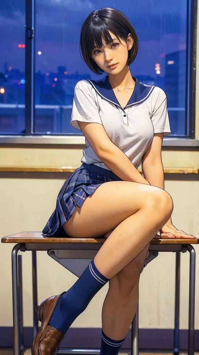 (extremely details CG、Unity、8K Wallpapers)、(extremely delicate and beautiful)、(​masterpiece)、(top-quality:1.0)、(超A high resolution:1.0)、beautiful  lighting、perfect lightning bolt、realistic shadow、[hight resolution]、Detailed skin、ultra-detailliert、detailed faces and eyes、Realistic eyes、Sharp pupils、cowboy  shot, Inside the classroom、Schools、Evening glow、beauitful face、blurry backround、16-year-old beautiful girl、shinny skin、Side Up、Beautiful sky blue hair、Blunt bangs、Blue eyes、a sailor suit、Pleated miniskirt、Curve、Sitting on a desk、(Opening legs、You can see light panties.:1.2)、Smile with open mouth、Looks happy