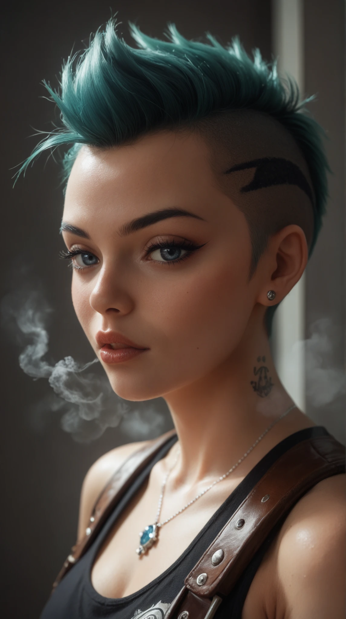 Garota usando capacete militar, cabelo colorido e fumando um charuto, estilo Tank Girl, Post-apocalyptic world, rosto limpo tatuagem fofa, ((( nijistyle ))), melhor qualidade, obra prima, clean face, band-aid no nariz