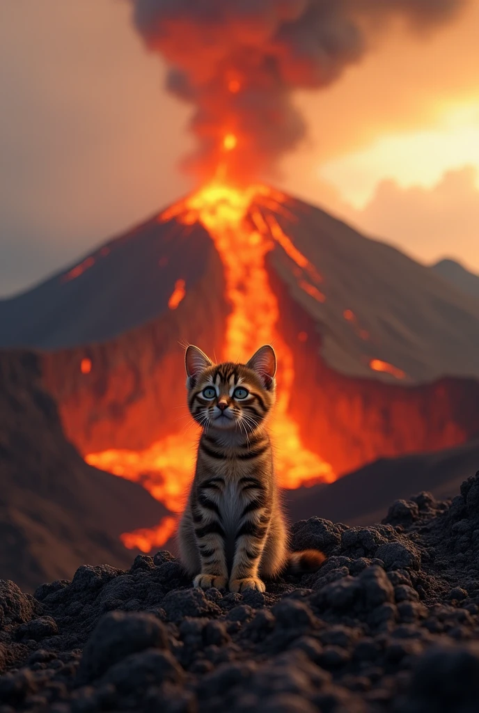 white cat running from an erupting volcano
