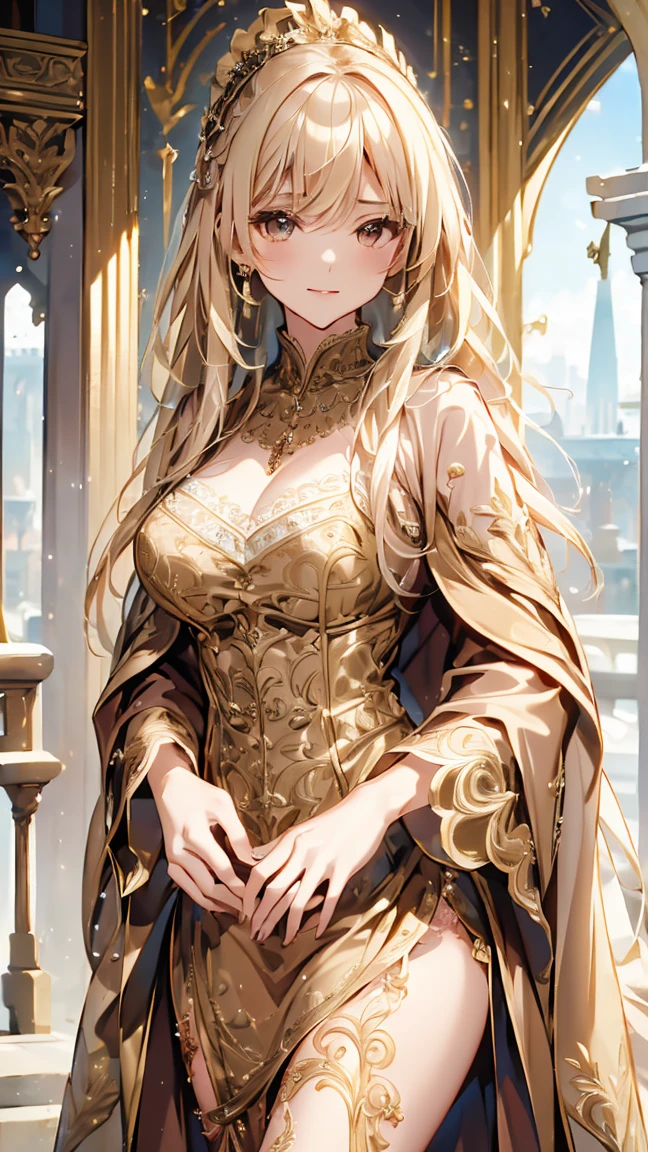 ((highest quality)),(ultra high resolution),(Super detailed),(detailed description),((best CG)),(best work of art),super precision art,amazing drawing art,(Art with precise details:1.5),(1 aristocratic daughter 1.7),(beautiful and well-shaped face:1.5),(A colorful dress with intricate details:1.6,Detailed and detailed embroidery:1.5),Smile:1.6, chateau:1.8