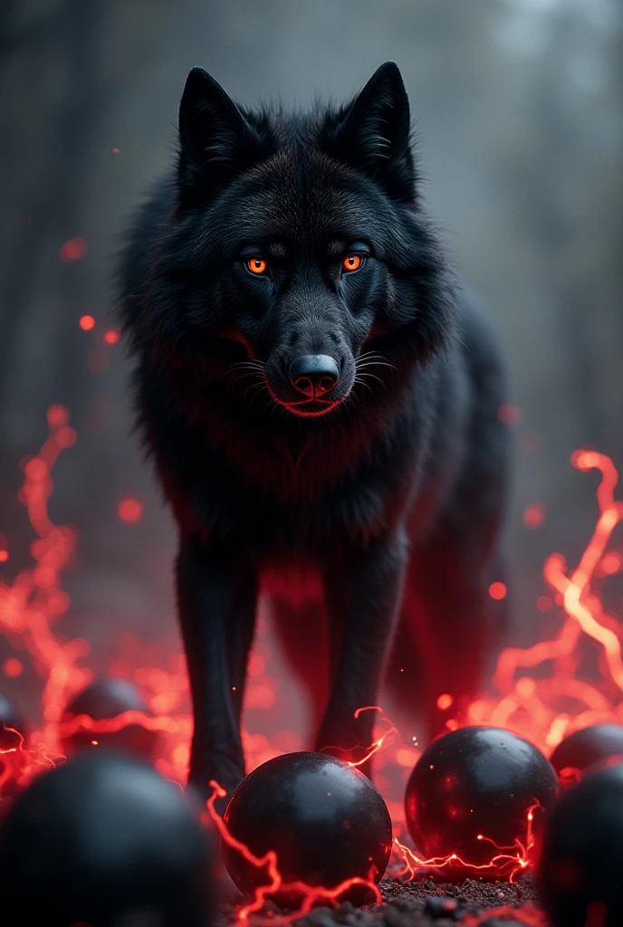 Black wolf with red eyes black background with red smoke