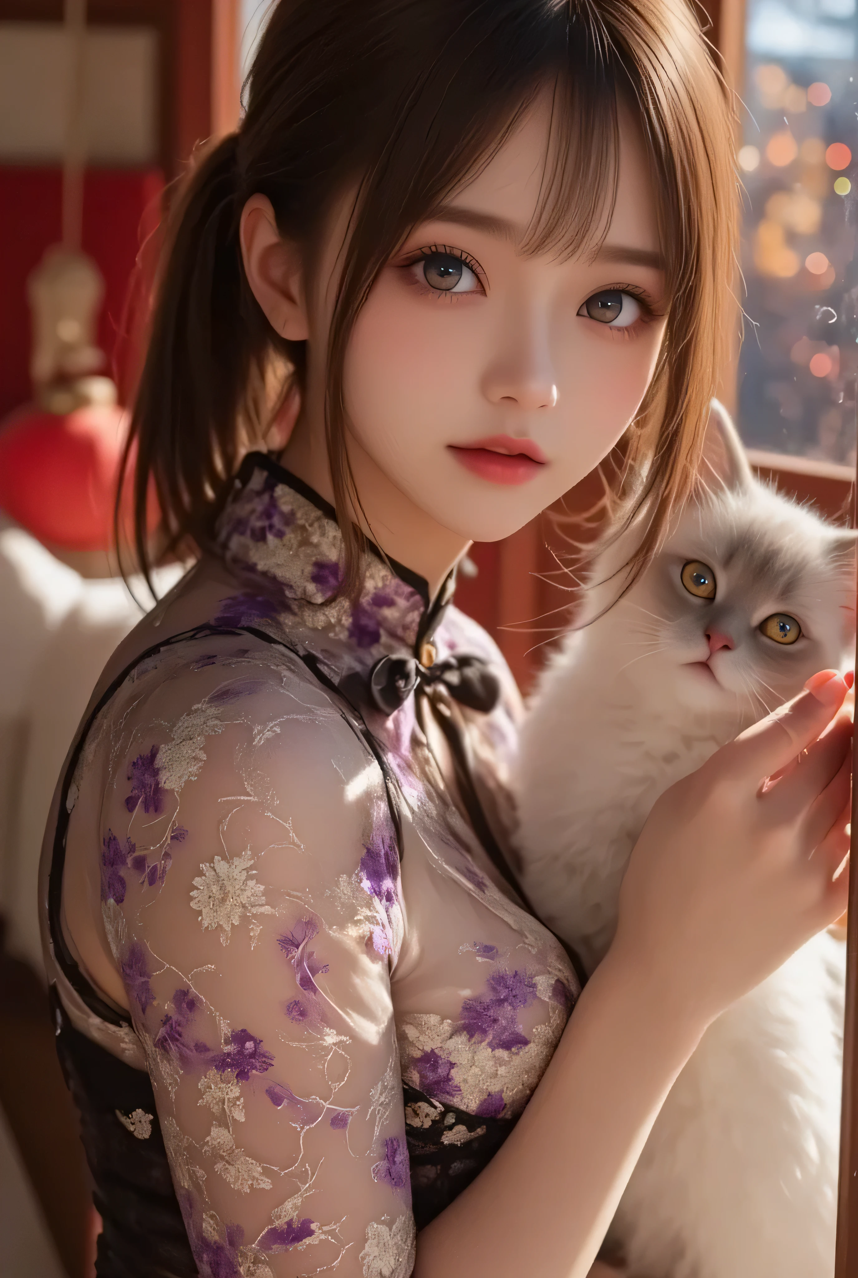 Cat ears、 face up、((( Lying in Bed))) attractive, pretty girl, ponytail、 (( fine facial features , eroticism)), dramatic lighting , realistic , 8k, Dramatic Shadows , intricate and elaborate patterns , super detailed photo , chiaroscuro lighting , Pleasant colors , deep contrast , super real 、 pink lipstick、 warm room、Vintage Fireplace 、 cinematic composition、Close-up of face, A beautiful Korean idol wearing a purple-pink-black sexy short cheongsam with golden or silver intricate floral embroidery, standing gracefully in a room filled with traditional Chinese New Year decorations. The room features vibrant red lanterns, decorative calligraphy scrolls, a small Chinese orange tree with golden ornaments, and several red envelopes scattered across the floor and hanging from the tree. Adorable, playful cats are part of the scene—some sitting near the tree, others curiously pawing at the red envelopes or lounging around. Through a window or an open door in the background, vibrant Chinese fireworks light up the night sky in an array of reds, golds, and blues, casting a magical glow into the room. The idol’s outfit is paired with subtle accessories like red hairpins or earrings, complementing the festive look. The atmosphere is warm and lively, filled with the joyful essence of the celebration, enhanced by the shimmering lights of the fireworks and the lively decor.