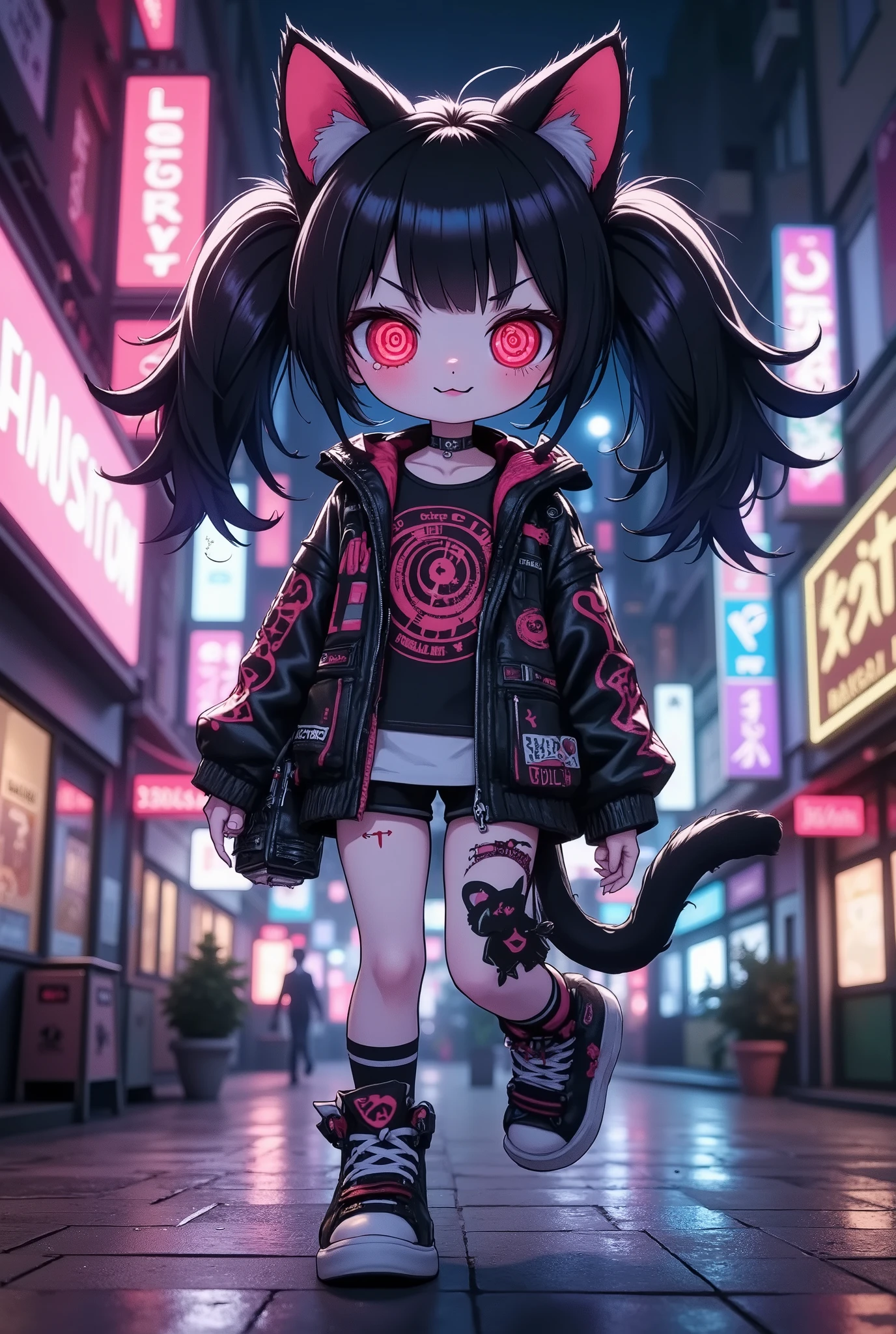 (masterpiece, best quality:1.2),solo,a cute evil punk cat girl,/(big eyes,red eyes,circle pattern of her eyes,details of eyes,fluffy black cat-ear,black hair,twin tails hair,pale blue skin,simple cyber punk clothes,casual style),cheerful girl,happy and fun atmosphere,night,neon cyberpunk city background,neon color,stylish anime illustration,hand draw illustration,dynamic scene