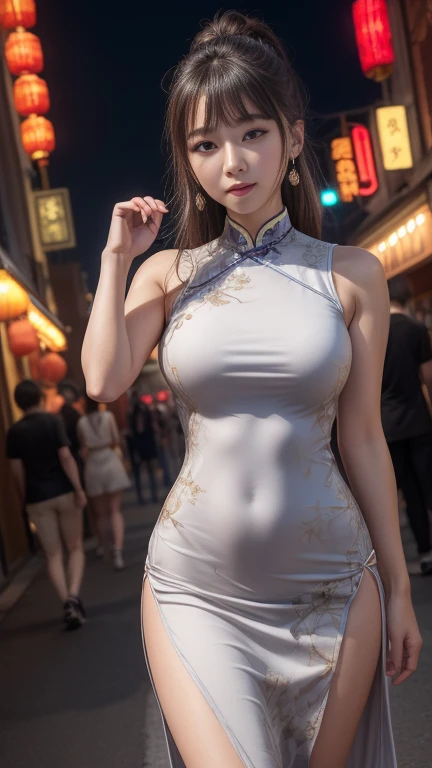 run-6500-v1.1, (RAW Photos:1.2), (Realistic), (Genuine:1.4), (Highest quality,8k,masterpiece), ((Realistic:1.4, RAW Photos, Ultra-high resolution, High-quality images)), Complete limbs, Full Finger, (Camera taken from below:1.1), BREAK,
One Mature Woman, 45 years old, alone, (Full body image:1.3, From head to toe), (Front image:1.5, Face the camera:1.7), (Standing posture), (Model pose), Brown Hair, Shoulder-length straight hair, Brown eyes, Mature Woman, BREAK, (Long cheongsam:1.6), (Black Chinese Dress:1.6),Golden embroidery, High-necked Chinese dress, Sleeveless cheongsam, Cheongsam with open chest, (Covered nipples:1.6, bulge of cloth:1.5), Large slit up to the waist, Show off your sexy thighs, (Black garter stockings:1.3), Black high heels, BREAK, (The background is a night street corner), (Cyberpunk cityscape, neon), (((Background Blur:1.5))),