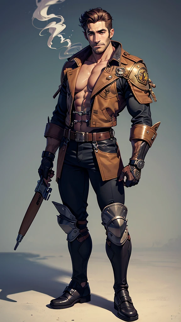 dieselpunkai, ((Jason Momoa)) as Drogo, a dieselpunk east barbarian, long braid, long beard, naked torso, dieselpunk pants, dieselpunk boots, standing, in the dieselpunk desert, (1man), (solo), (full body view), beautiful detailed glow, detailed, cinematic light, intricate detail, realistic, highres, detailed facial features, high detail, sharp focus, smooth, aesthetic, extremely detailed, stamp, octane render