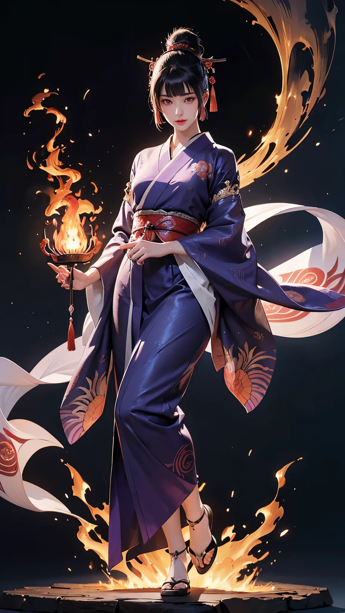(The Heian period), (Onmyouji style , Abeno Seimei style, purple long kimono, beautiful purple kimono with intricate designed pattern by embroidery) , (full body:1.1), front view), best moment, dynamic pose, mysterious things , old Japanese mysterious story, (Japanese ancient magic)), solo, female,(detailed beautiful face, sharp eyes, red eyeshadow, red lips),  BREAK (black hair, very beautiful sleek straight hair, blunt bangs:1.2),  (ultra detailed clothes, beautiful coloring clothes), (fight against the Japanese evils, Oni, action shots, ((both hands are glowing beautiful mysterious fire)), (Intricate detail, detailed intricate background, ((faintly glowing Sanskrit letters:1.38)) in background):1.2, battoujutsu, the outstanding artwork:1.2, best quality, (beyond the best), unseen masterpiece, incredibly absurdres, extremely detailed, intricate accurate description, hyper realistic, RAW photography, UHD,HD, intricate detailed, 4k, 8k, perfect fantasy artwork, perfect anatomy ),