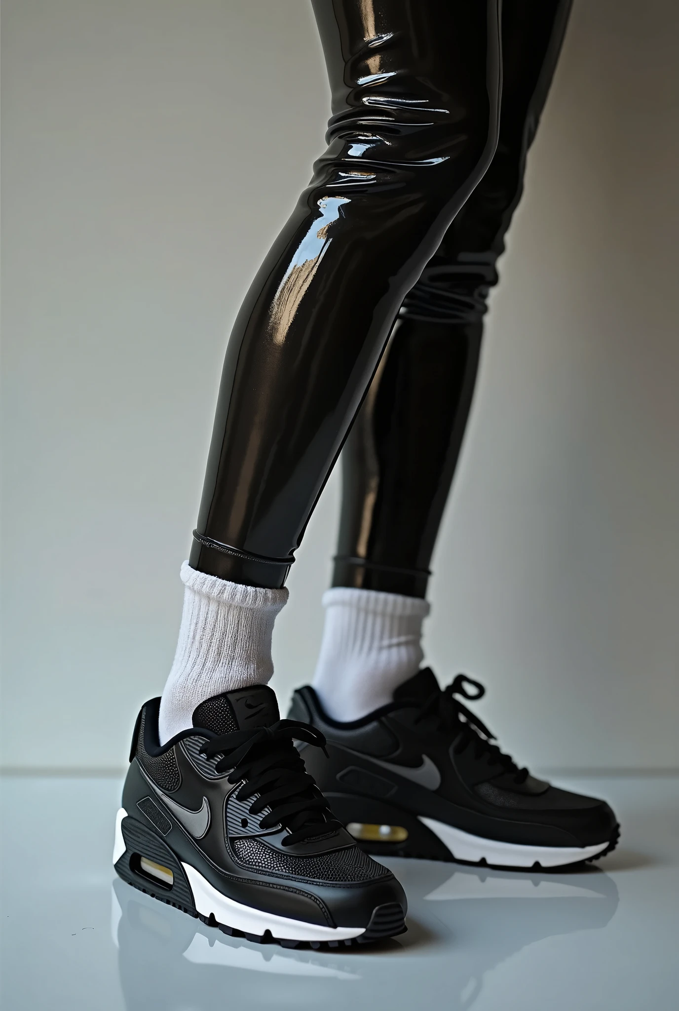 full view full body, one skinny 18yo white teenage-boy with light-brown clean undercut haircut, wearing NIKE shiny black latexsuit, white shiny rubber Nike socks, no shoes, shoes off posing in his bedroom, his Nike white latex socks are visible, modern teenager room with many 'Nike' shoe-boxes everywhere