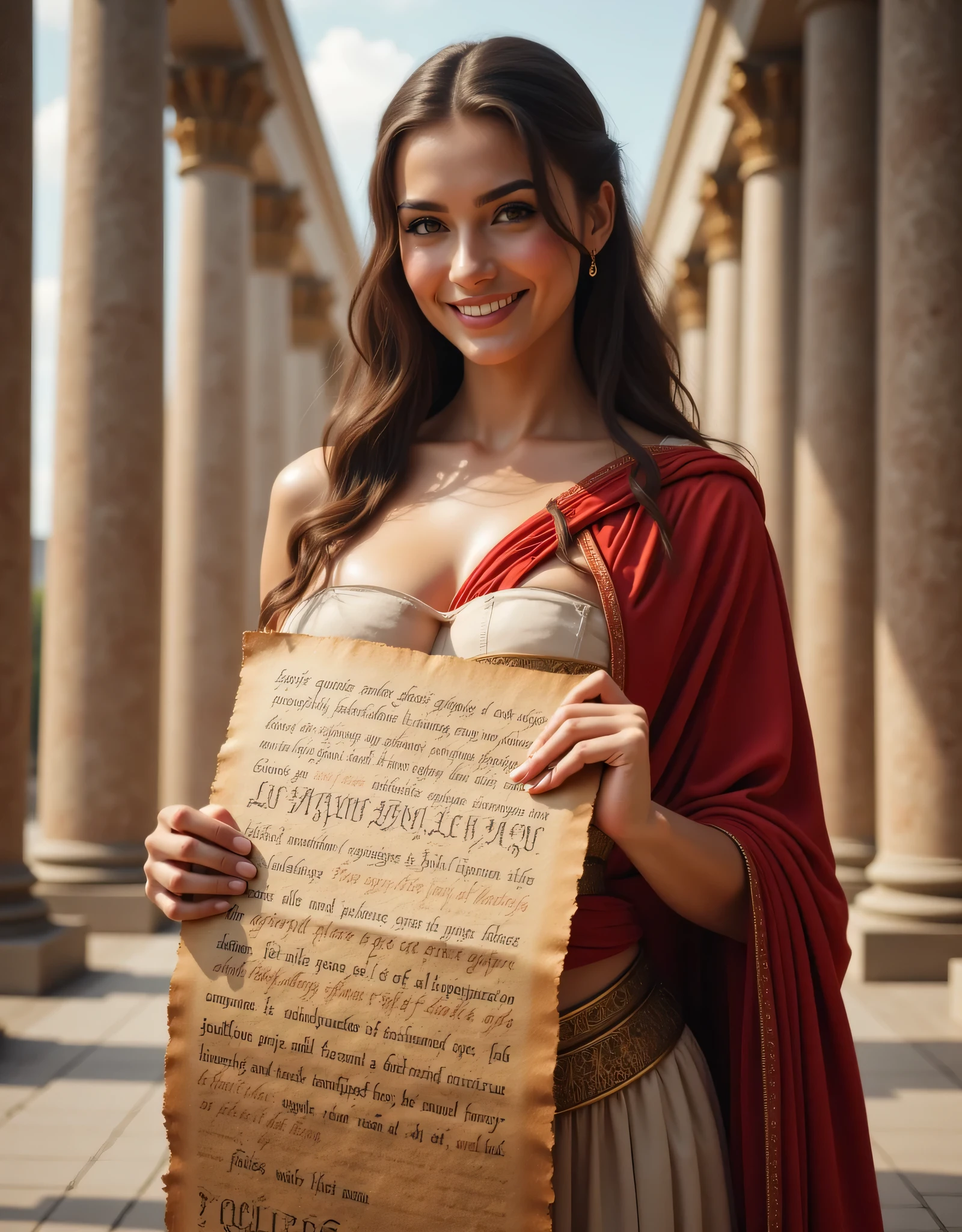 A hyper-realistic wide scenery image shot of a prehistoric beautifully ancient female rome senator holding showed up a big size latin alphabetics script papyrus, symmetrically balanced in image composition. The beautifully ancient rome senator is depicted in a full body angle view, showcasing her lively, lusciously vivacious, and shapely body. She is wearing a realistic cultural ancient rome toga long dress. The scene includes a well-rounded prehistoric female ancient rome senator holding up a big size of latin alphabetic scripts papyrus, and smiling. The background features ancient rome pantheon palace with central leading lines, creating a sense of depth on ultra-wide angle. The image has UHD ambience, with a zoomed-out perspective, realistic textures, mixed lighting concept, and a wide-angle view. The female's hands are accurately detailed with full human finger anatomy, and her hair is shiny and lifelike. The overall style is reminiscent of Far Cry 5 game artwork, with additional details and body fixes applied. The combination of influenced of SandalPunkAi Artwork and BronzePunkAi Artwork. Perfectly curvy.