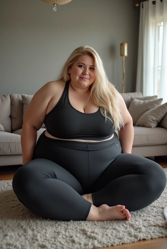 masterpiece, best quality, high quality, cg, 8k, Full body picture of a tall, chubby, blonde girl with long hair. bossy, very chubby. strict, gray sweatpants, very tight black tanktop! very voluptuous, strict glasses. Menacing, dominating posture and expression. POV facesitting, she is Sitting on the viewers face