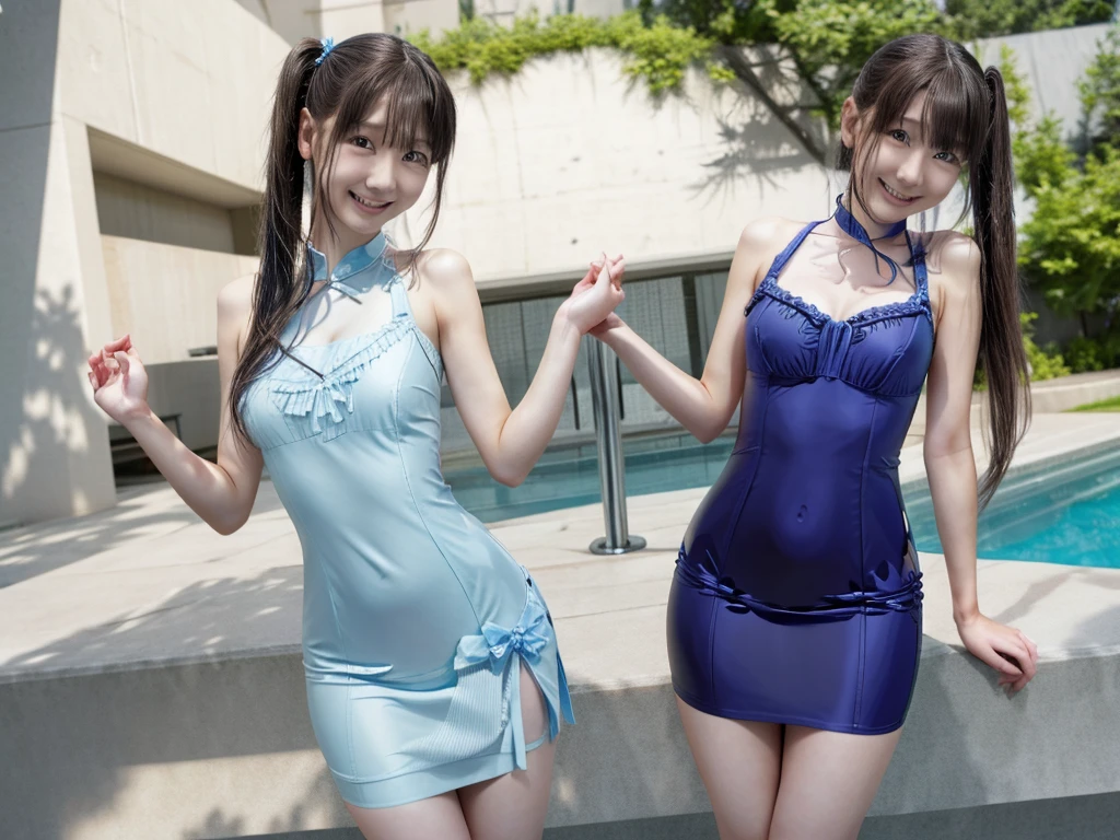 Highest image quality, 8K quality, masterpiece, professional writing, Two women with huge breasts are standing next to each other, Super big breasts compressed with clothes, Whitening skin, shining blue eyes, ,net neck mini dress, above the knee, Skirtliftv1, (Beautiful butt sticking out:1.5), Super big breasts straight ahead composition, (white panties), beautiful ass