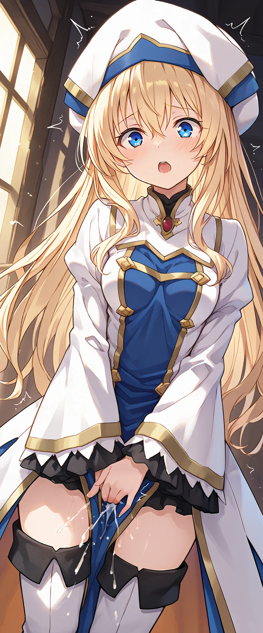 score_9, score_8_up, score_7_up, anime_source, priestess(goblin_slayer),blonde hair,blue eyes,hat,white headwear,long sleeves,hair between eyes,thigh boots,wide sleeves,small breasts,female masturbation,sex toy,(orgasm:1.3),masterpiece,Noise Reduction,perfect anatomy,high resolution, ultra-detailed, ultra-detailed face,game cg,dutch angle ,beautiful detailed eyes,visualart,five fingers, perfect hands, perfect lighting,(highly detailed:1.5),