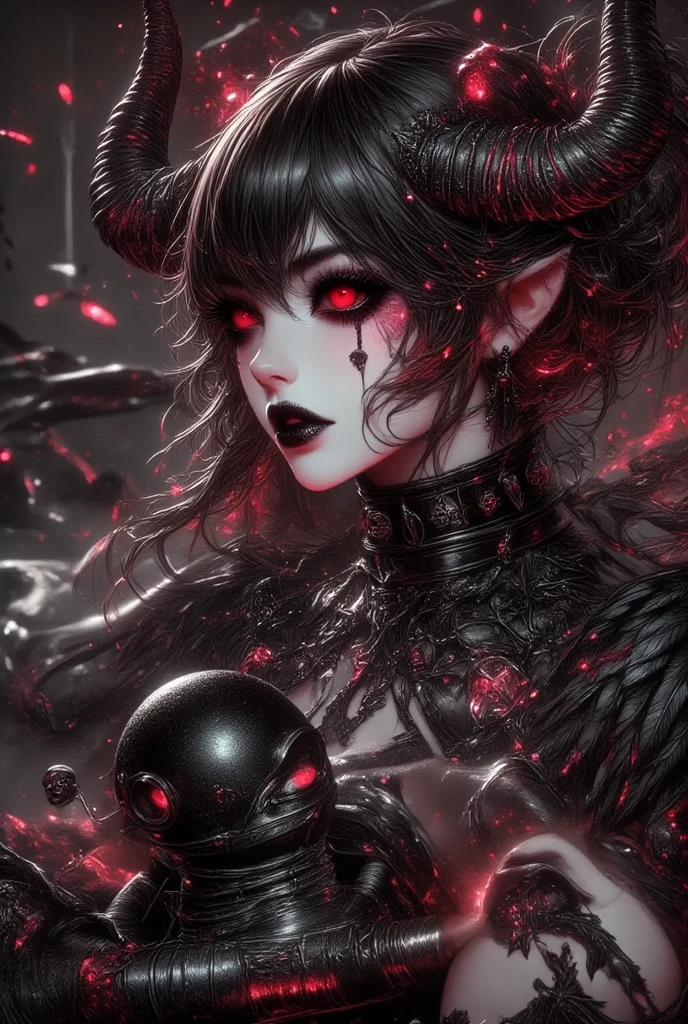 Masterpiece, best quality, 8K Wallpaper, HDR, octane rendering. A zombie girl, walking down the street, (dark street with pools of blood), is wearing (school uniform, tearing uniform, torn: 1.3), detailed scenery, the zombie girl has (Messy hair, shiny black hair: 1.4), ( Beautiful and detailed face with perfect symmetry), (Beautiful and detailed red eyes), (red lips, sawing teeth, sharp teeth: 1.2), (blood dripping from the mouth), (body with perfect anatomy, perfect natural texture, high details, glowing skin) cinematic lighting, vivid colors, detailed illustration, depth of field.