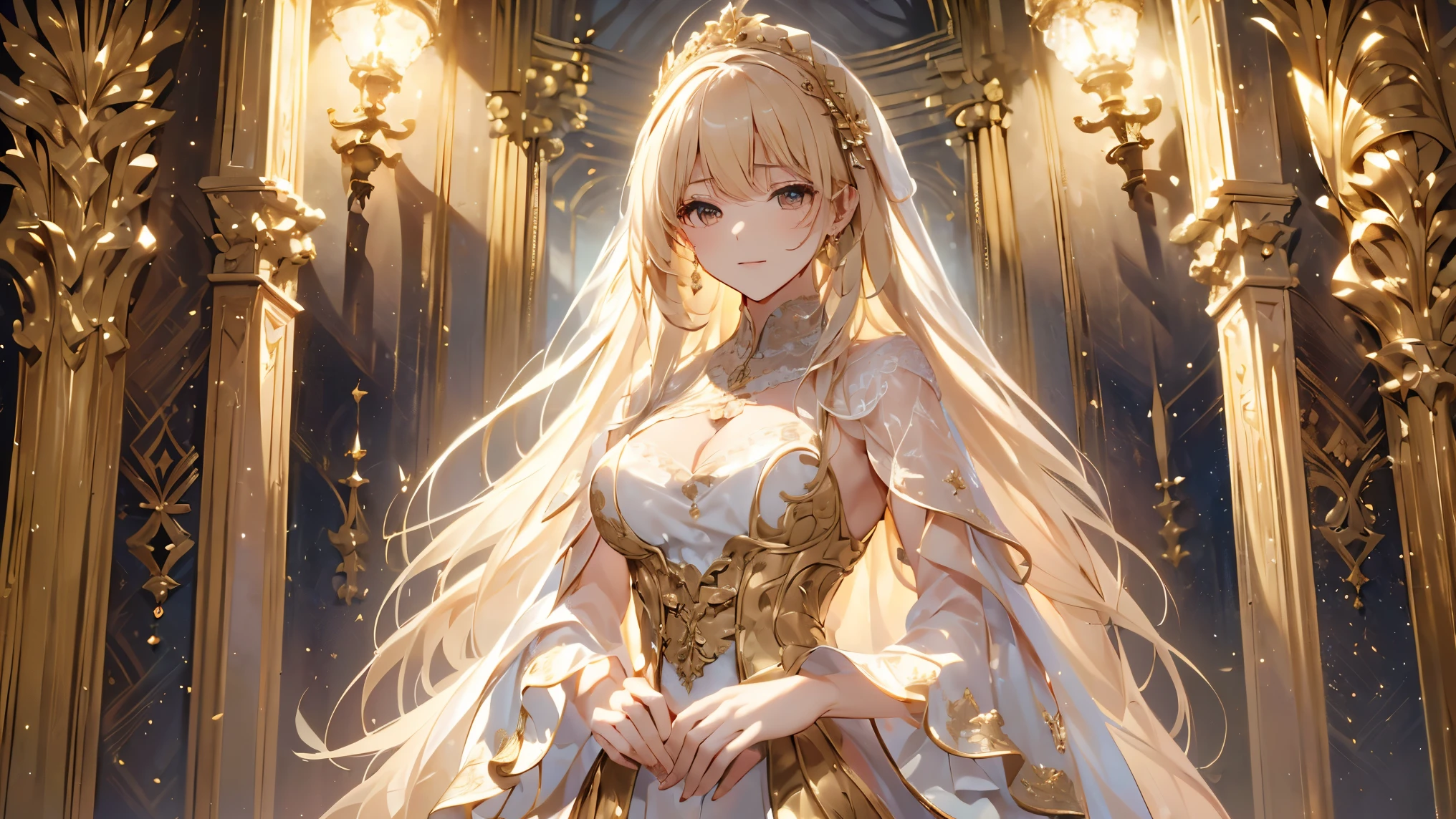 ((( best quality, 8k, masterpiece: 1.3)), (( best quality)), ((masterpiece)), ( Details), perfect face, perfect body through Ngs, ( Details skin:1.3), (複雑な Details), and her rich drapes create a gorgeous scene of brilliance {x} An elegant queen with elegant blond hair gathered in an elaborate updo、 posing for portraits , decorated with intricate lace . like a wall praises her presence As if , posing for portraits , ribbon, Delicate embroidery, royal elegance in this exquisite portrait . with a gentle smile full of elegance and confidence , the atmosphere is full of admiration and grandeur . around her , Luxurious gold furnishings , Tall windows, she is wearing a splendid pink and white gown , embodies the pinnacle of royal fashion . standing alone in a luxurious palace room , calculating attitudes , her expression is soft and calm .