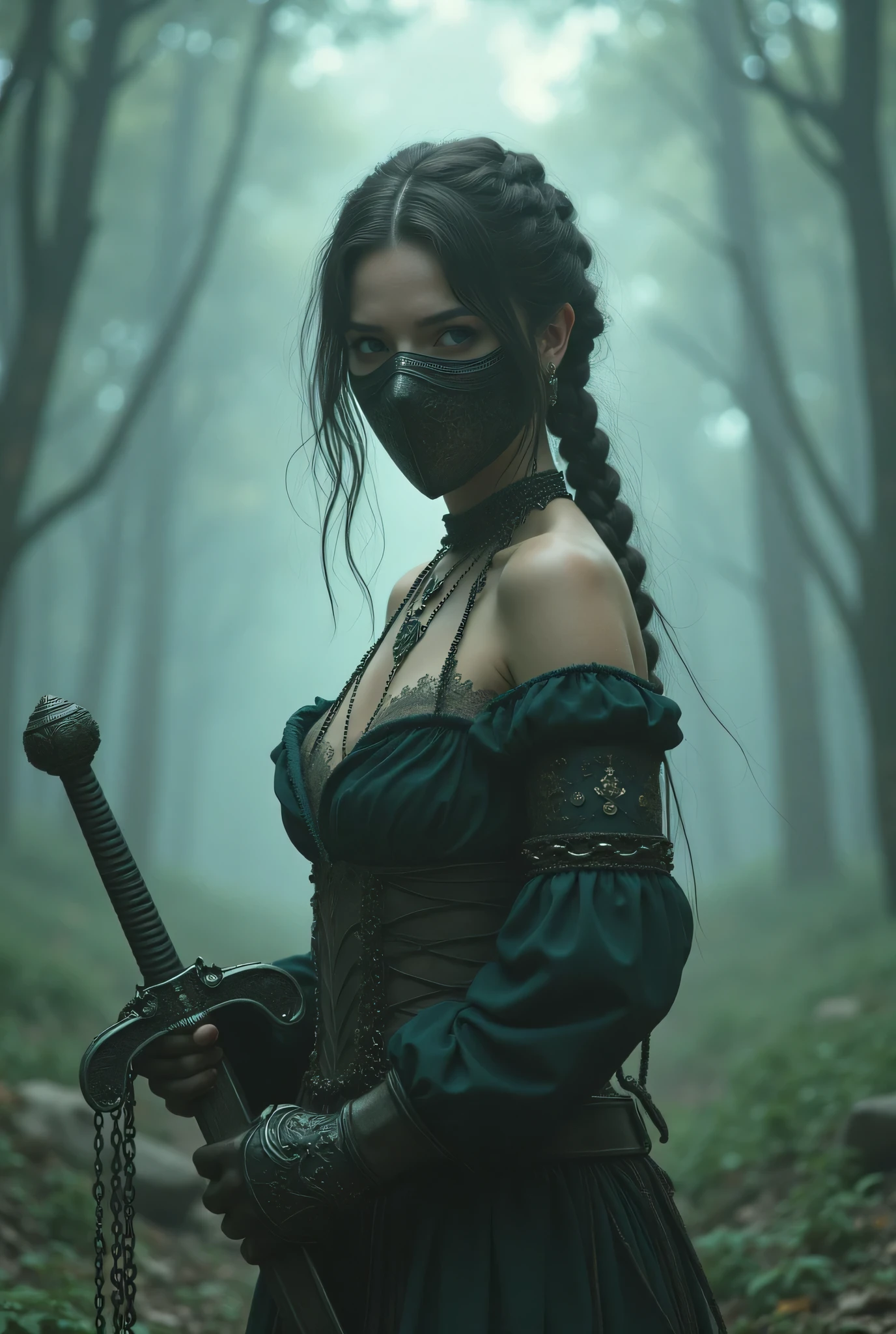 (8k, top quality, masterpiece), ( is present , photo is present : 1.37), very detailed, one girl , { Sylvain Watch with a sword pattern }, Wide angle , Big bouncing breasts , Very delicate depiction , Miniature Paint , detailed depiction of short braided hair , correct skeleton, Made with 、 Short Braided Hair , Chain with Braids , Long Thick Sword 、 dreamy ,超 is present な混合ファンタジー世界, is present 要素と幻想的要素の組み合わせ ( Forest of Swirling Fog :1)、 get ready to fight with swords 、 Wear an Intricate, Detailed Iron Mask 、 Wear a Mask 、 facing the camera