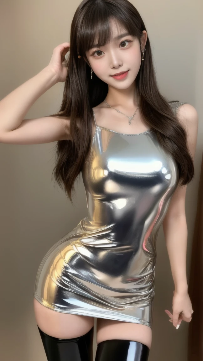 (((1 woman: 2))), ((Beautiful girl in super shiny silver latex mini dress)), (Super body fit silver latex mini dress:1.5), ((Beautiful girl on the roof of a building with beautiful night view)), (18 year old pretty girl), ((1screen)), in 8K, RAW shot, (Angle from the side:1.5)、top quality photo, masutepiece, Nice realistic photos, ((Anatomically correct proportions: 1.5)), Beautiful black-haired woman like a Japanese actress, small head, Detailed face, Detailed eyes, Narrow Nose, Detailed fingers, detailed arms, Detailed skin, Detailed legs, short torso, (Narrow waist:1.5), Large breasts, Small buttocks, Posing for gravure photos, ((Sitting with crotch open)), Heavy rain , Rain-drenched body: 1.5, Bodysuit with water droplets: 1.8, Rain-soaked hair: 1.6 , Rain-soaked bangs: 1.6, Beautiful woman in high neck off shoulder mini dress